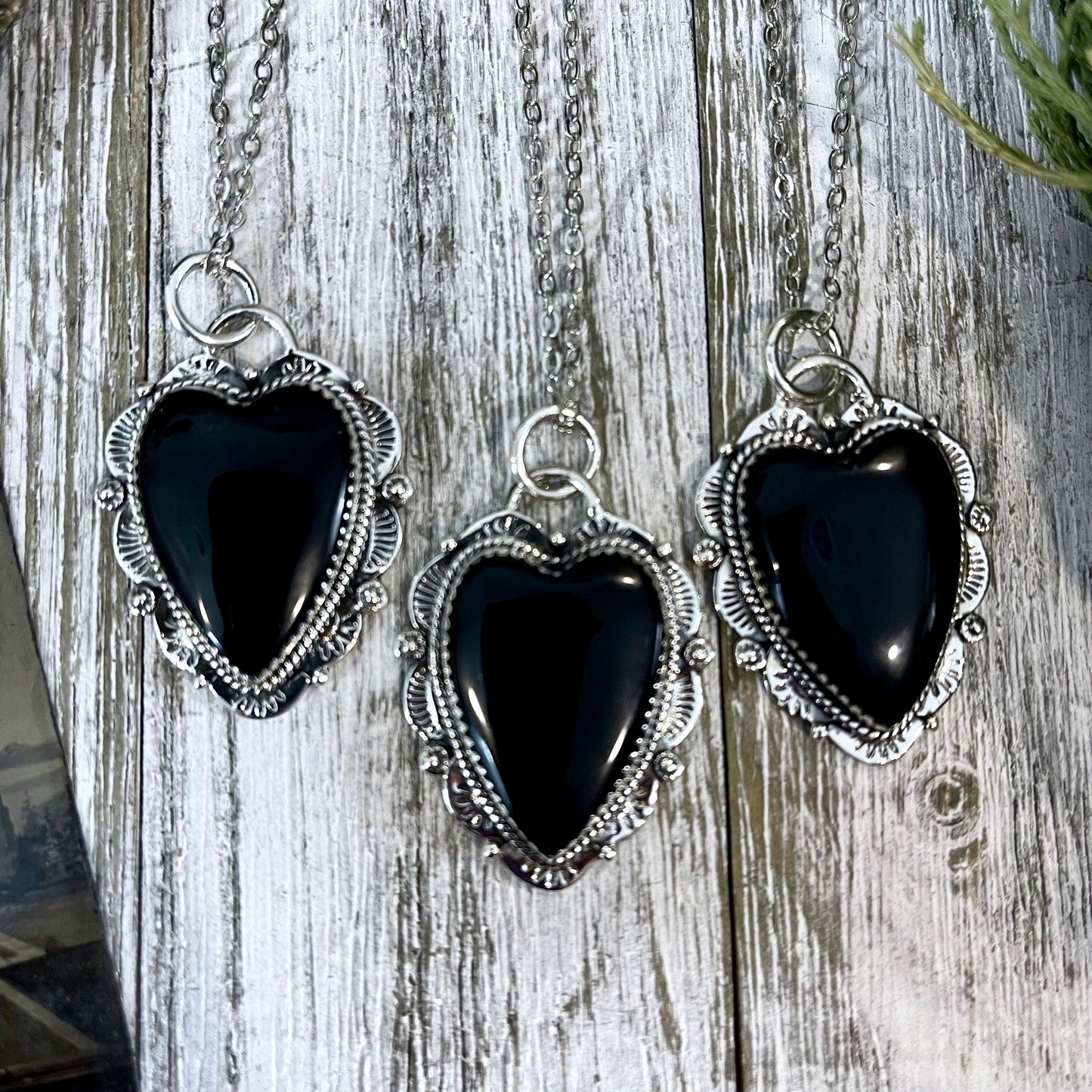 Black Onyx Crystal Heart Necklace in Sterling Silver  -Designed by FOXLARK Collection