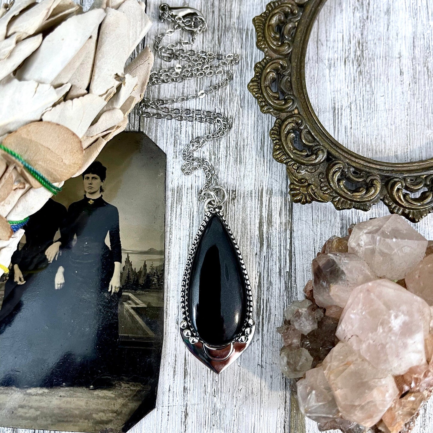 Midnight Moon Necklace- Black Onyx Crystal Teardrop Necklace in Sterling Silver -Designed by FOXLARK Collection/ Witchy Crystal Necklace