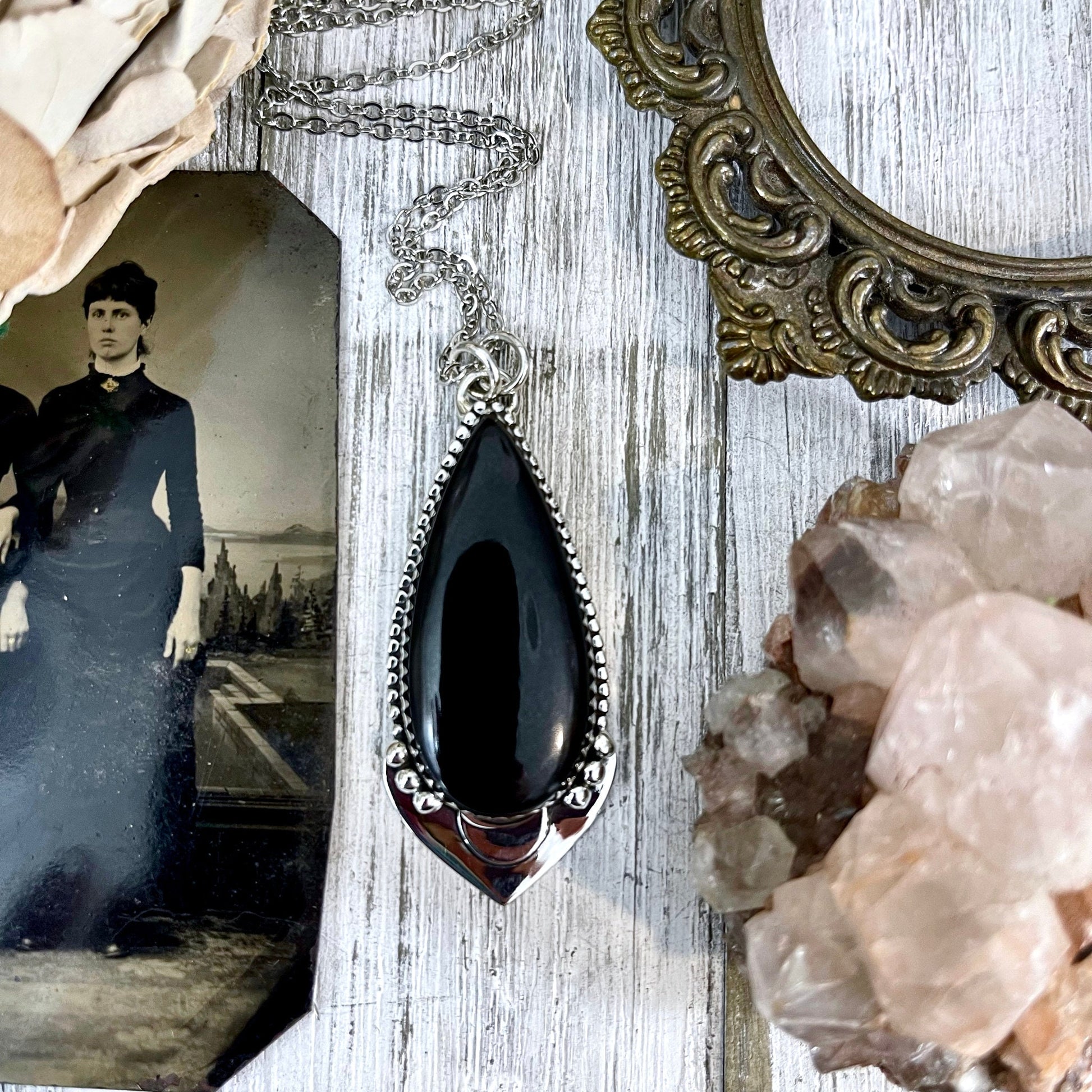 Midnight Moon Necklace- Black Onyx Crystal Teardrop Necklace in Sterling Silver -Designed by FOXLARK Collection/ Witchy Crystal Necklace