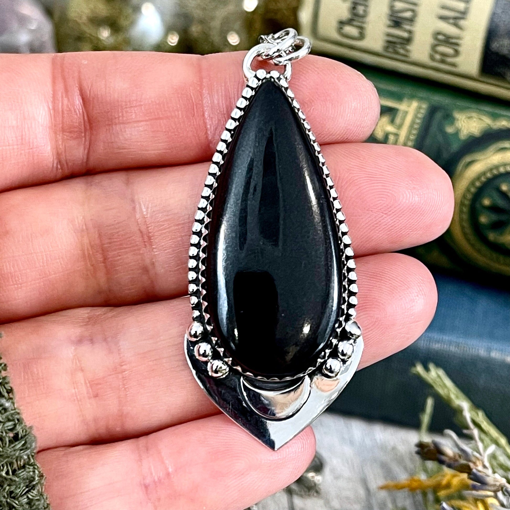 Midnight Moon Necklace- Black Onyx Crystal Teardrop Necklace in Sterling Silver -Designed by FOXLARK Collection/ Witchy Crystal Necklace