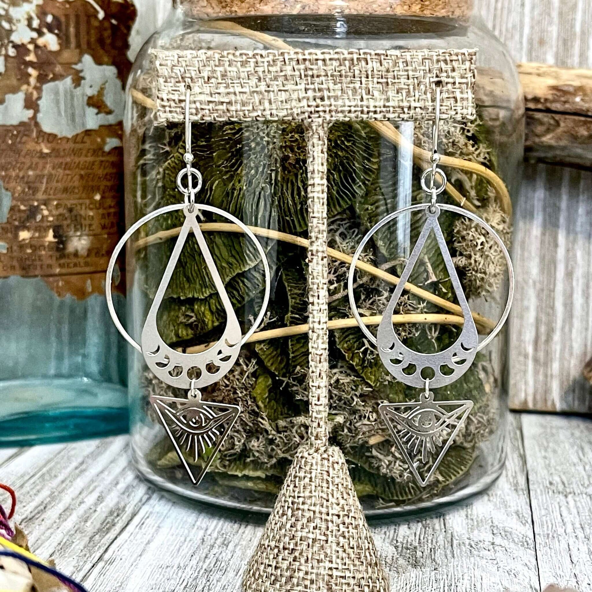 All Seeing Eye & Moon Phases Earrings / Sterling Silver and Stainless Steel Long Dangly Geometric Earrings.