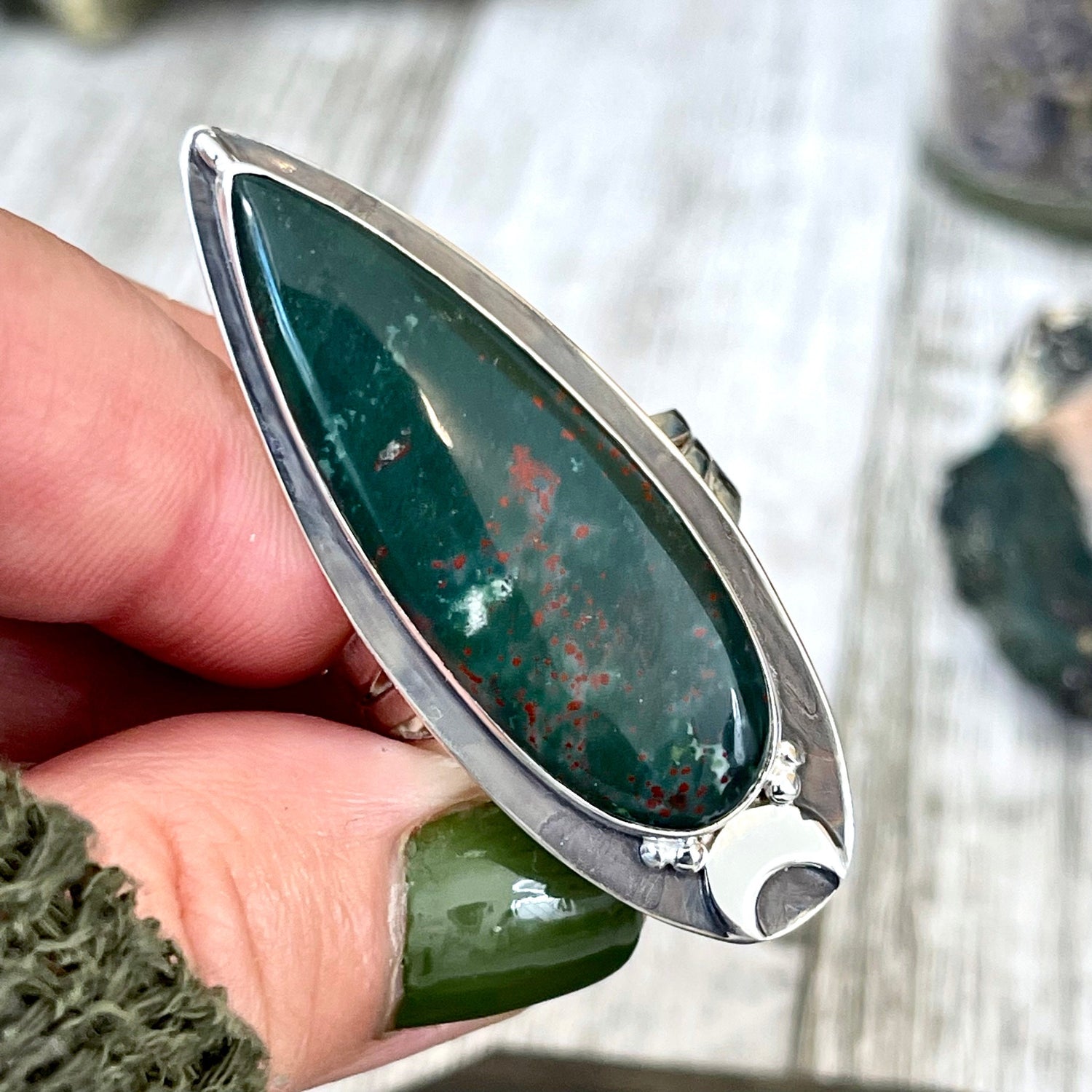 Magic Moons Bloodstone Statement Ring in Sterling Silver- Designed by FOXLARK Collection Size 5 6 7 8 9 10 11 / Gothic Jewelry