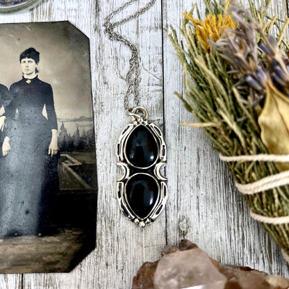 Black Onyx Mystic Moon Crystal Statement Necklace in Sterling Silver / Designed by FOXLARK Collection.