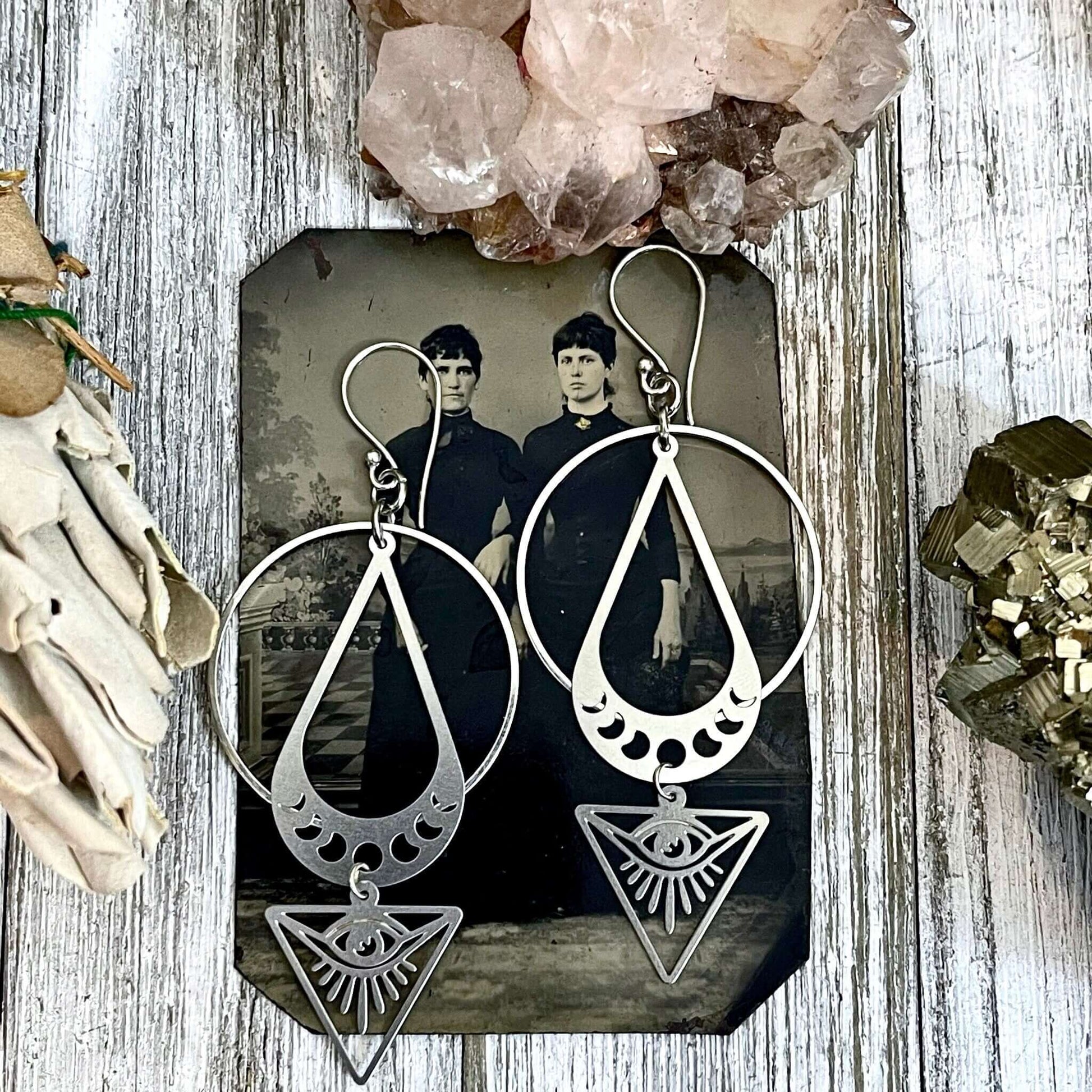All Seeing Eye & Moon Phases Earrings / Sterling Silver and Stainless Steel Long Dangly Geometric Earrings.