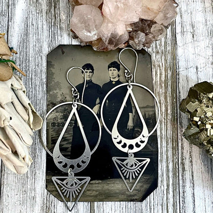 All Seeing Eye & Moon Phases Earrings / Sterling Silver and Stainless Steel Long Dangly Geometric Earrings.