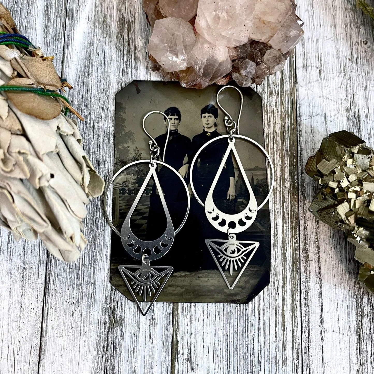 All Seeing Eye & Moon Phases Earrings / Sterling Silver and Stainless Steel Long Dangly Geometric Earrings.