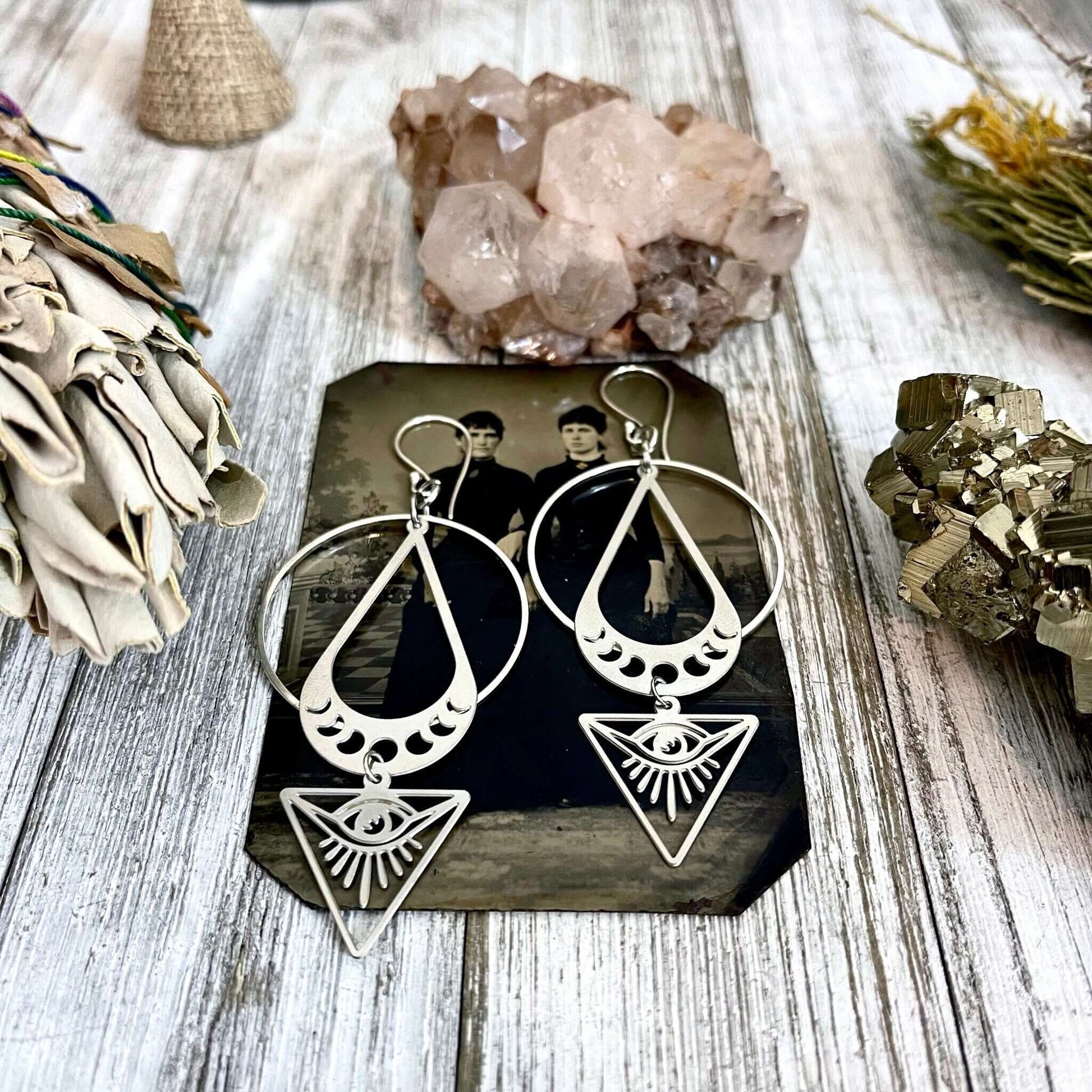 All Seeing Eye & Moon Phases Earrings / Sterling Silver and Stainless Steel Long Dangly Geometric Earrings.