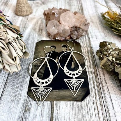 All Seeing Eye & Moon Phases Earrings / Sterling Silver and Stainless Steel Long Dangly Geometric Earrings.