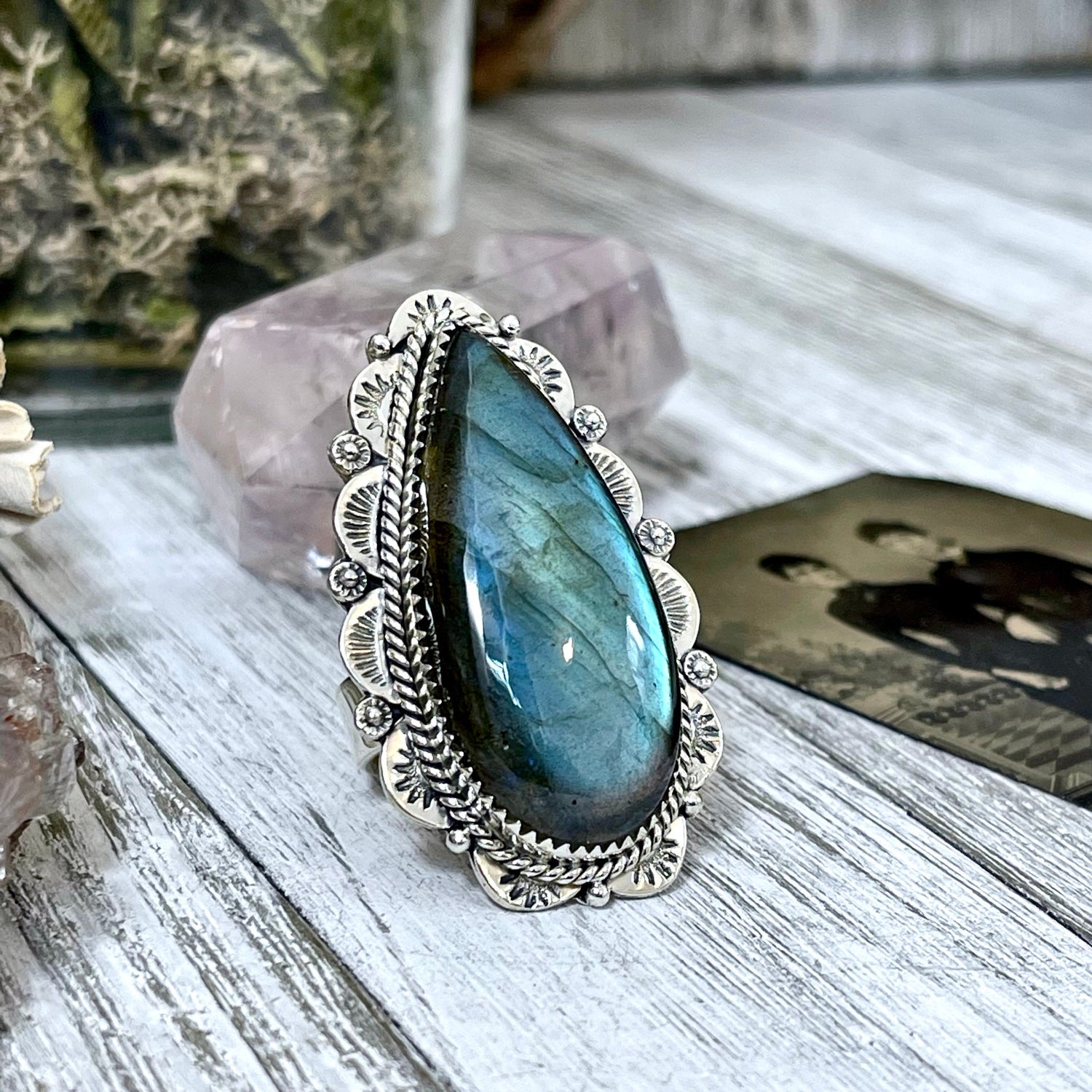 Labradorite Teardrop Crystal Statement Ring in Sterling Silver- Adjustable- Designed by FOXLARK Collection Adjusts to Size 6,7,8,9, or 10