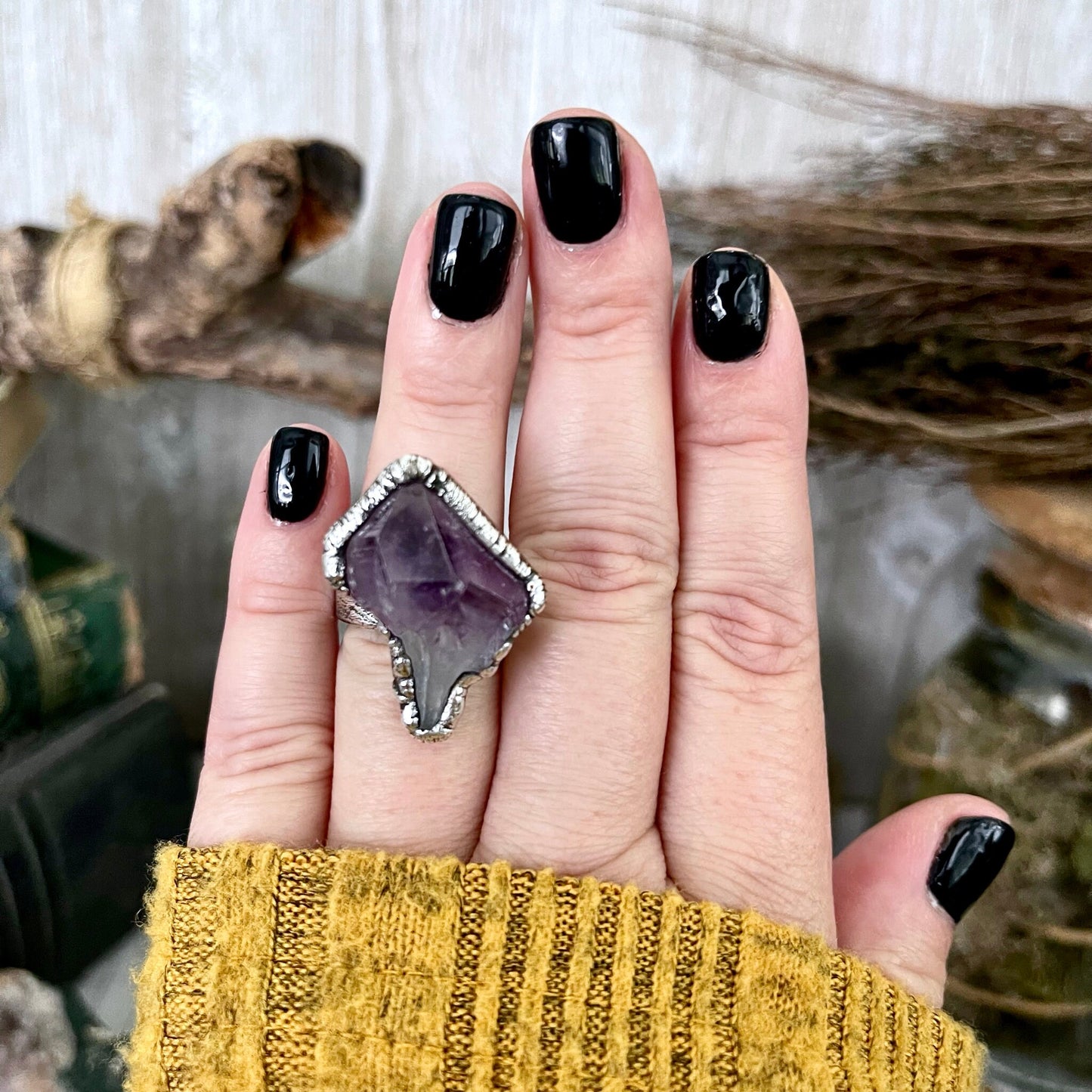 Size 6.5 Big Raw Amethyst Purple Crystal Ring in Fine Silver / Foxlark Collection - One of a Kind