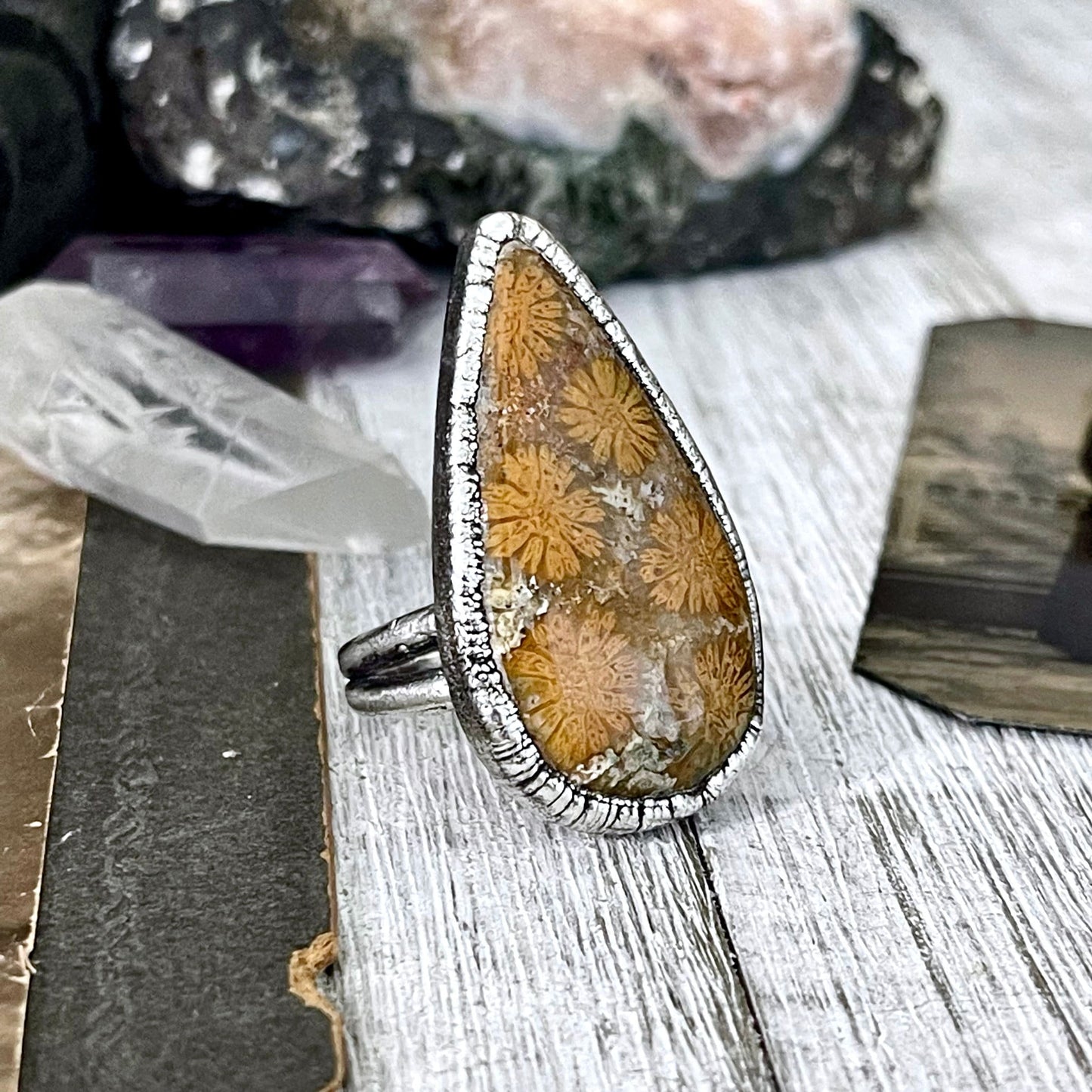 Size 8.5 Big Fossilized Coral Silver Statement Ring in Fine Silver / Foxlark Collection - One of a Kind