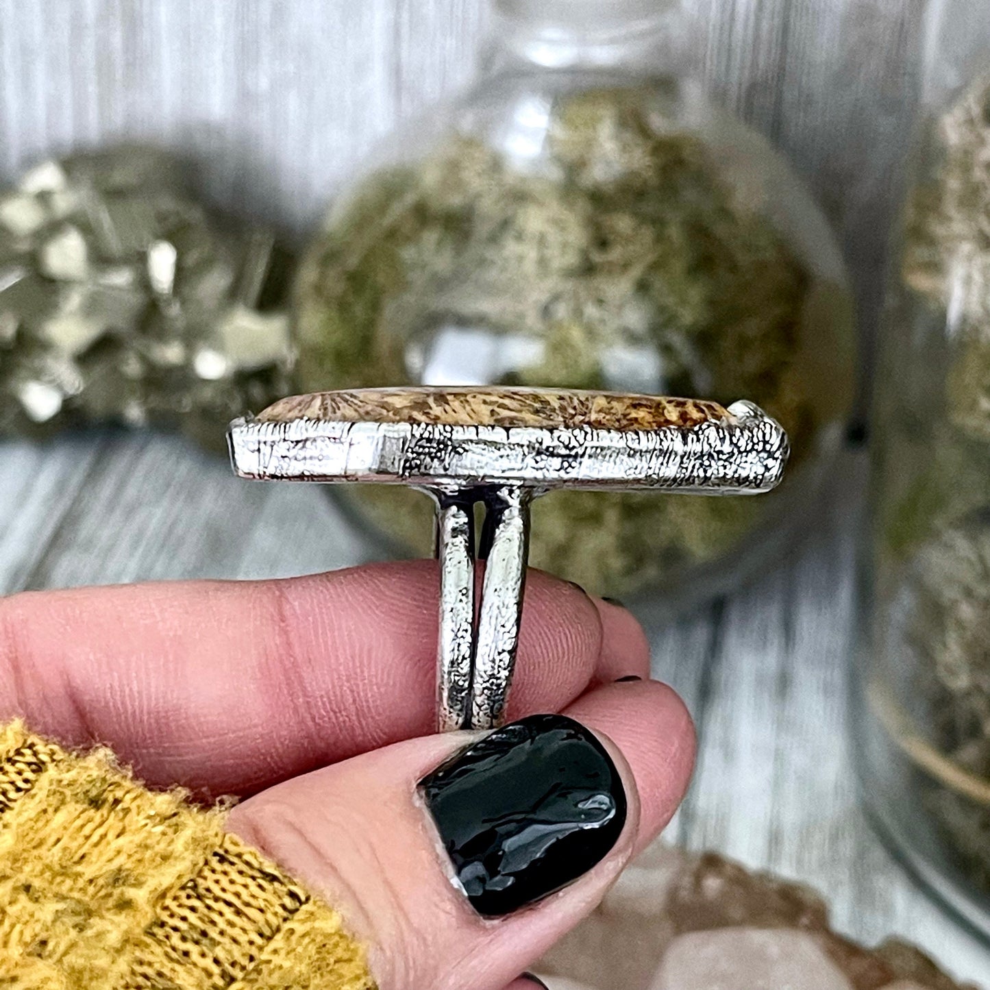 Coffin Jewelry, Etsy ID: 1307644677, Festival Jewelry, Fossilized Coral, Fossilized Palm Root, FOXLARK- RINGS, Gemstone Ring, Gothic Jewelry, Halloween Jewelry, Healing Crystal, Jewelry, Ring For Woman, Rings, Silver Coffin Ring, silver crystal ring, Silv