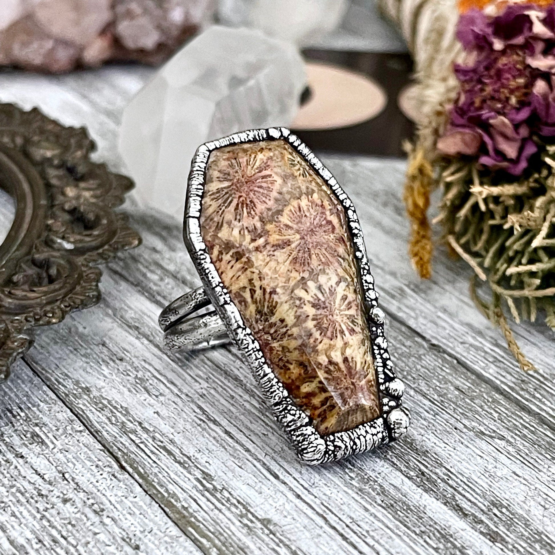 Coffin Jewelry, Etsy ID: 1307644677, Festival Jewelry, Fossilized Coral, Fossilized Palm Root, FOXLARK- RINGS, Gemstone Ring, Gothic Jewelry, Halloween Jewelry, Healing Crystal, Jewelry, Ring For Woman, Rings, Silver Coffin Ring, silver crystal ring, Silv