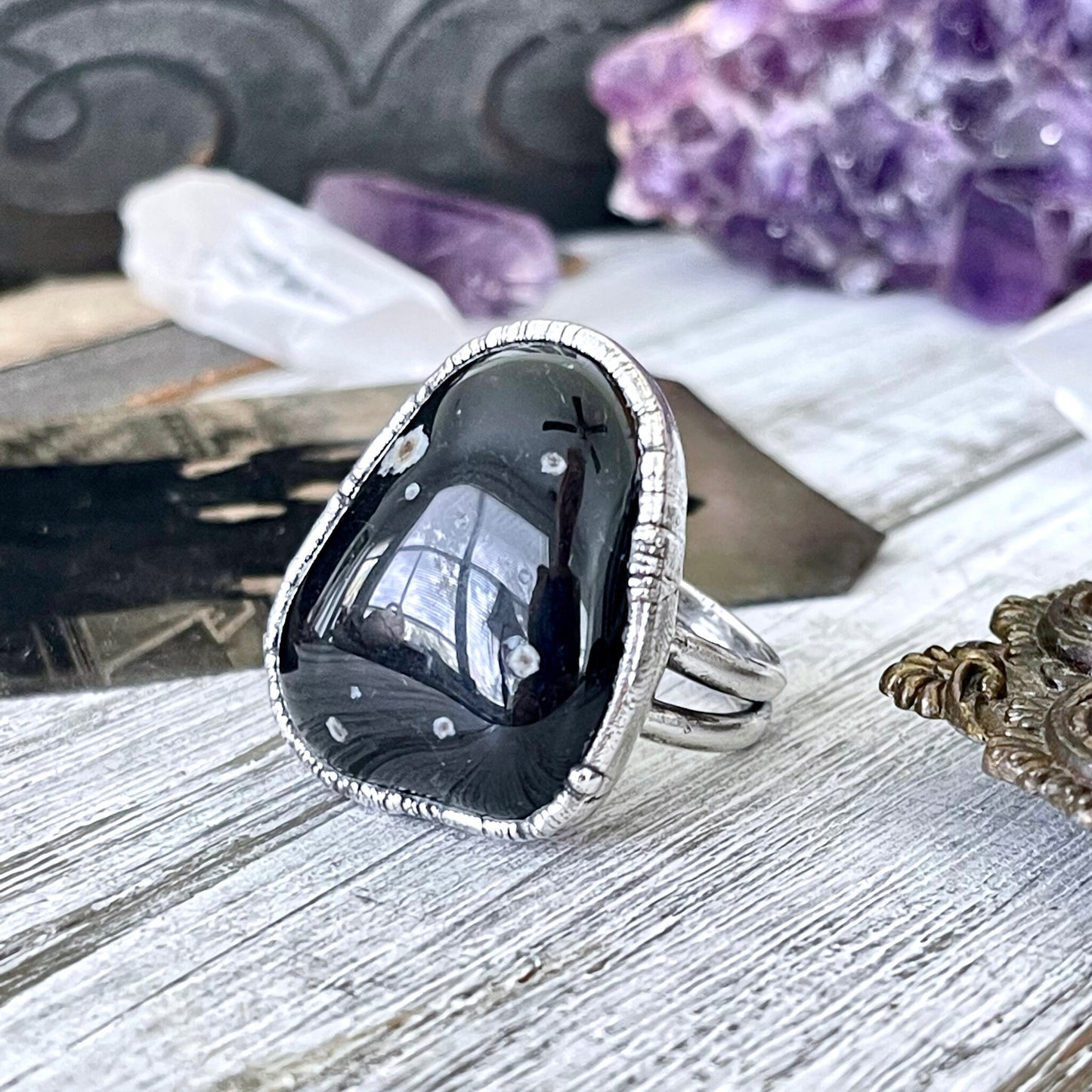 Size 9 Natural Black Tumbled Stone Agate Ring in Fine Silver/ Foxlark Collection - One of a Kind