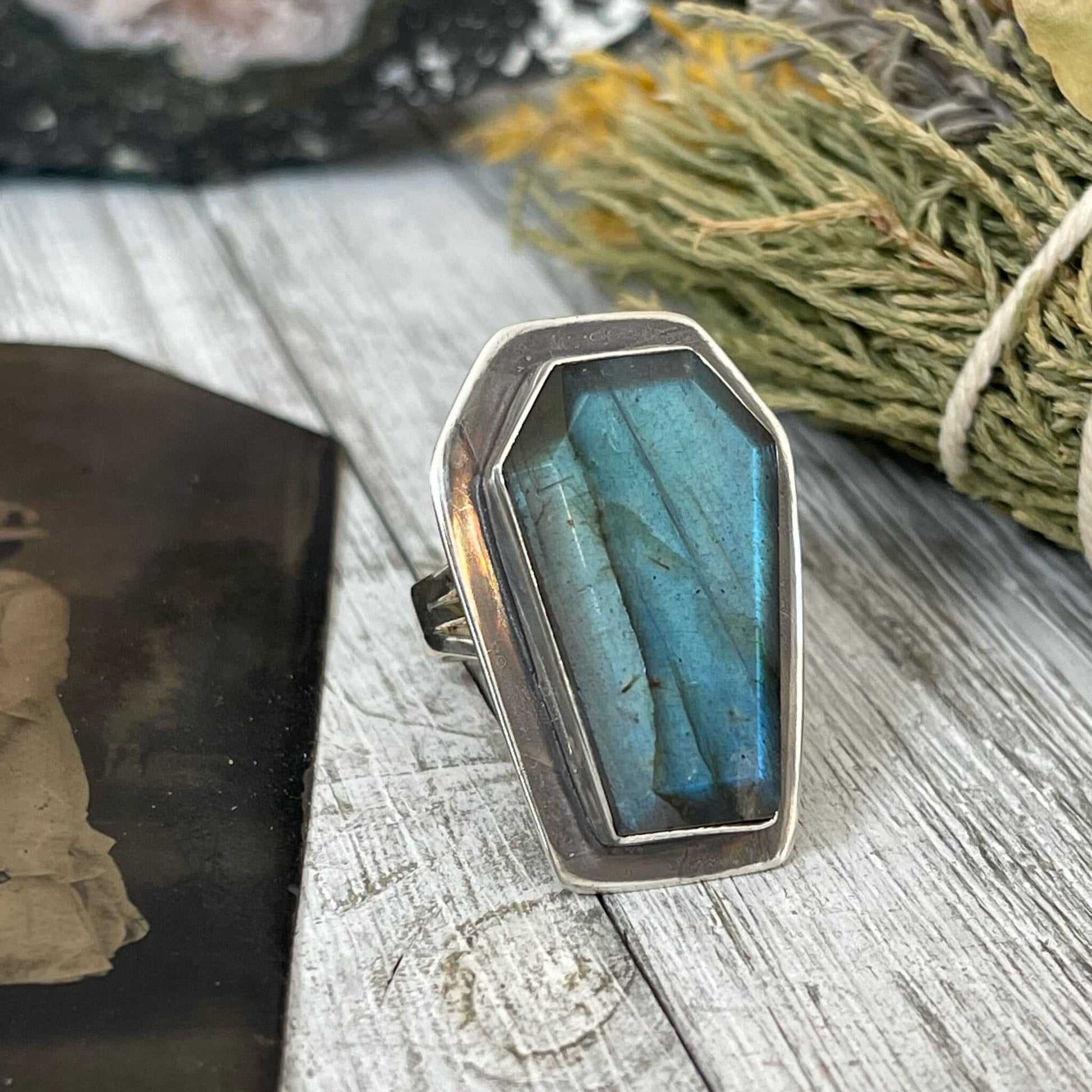 Coffin Jewelry, Coffin Ring, Crescent Moon, Crystal Ring, Etsy Id 1102370293, Foxlark Alchemy, FOXLARK- RINGS, Goth Jewelry, Gypsy Ring, Halloween Jewelry, Halloween Ring, Jewelry, Labradorite Ring, Rings, Statement Rings, Wholesale, Witch Jewelry
