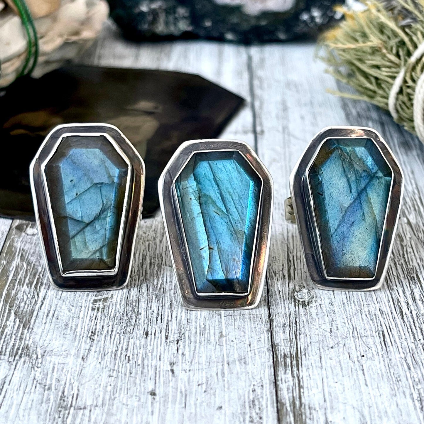 Coffin Jewelry, Coffin Ring, Crescent Moon, Crystal Ring, Etsy Id 1102370293, Foxlark Alchemy, FOXLARK- RINGS, Goth Jewelry, Gypsy Ring, Halloween Jewelry, Halloween Ring, Jewelry, Labradorite Ring, Rings, Statement Rings, Wholesale, Witch Jewelry