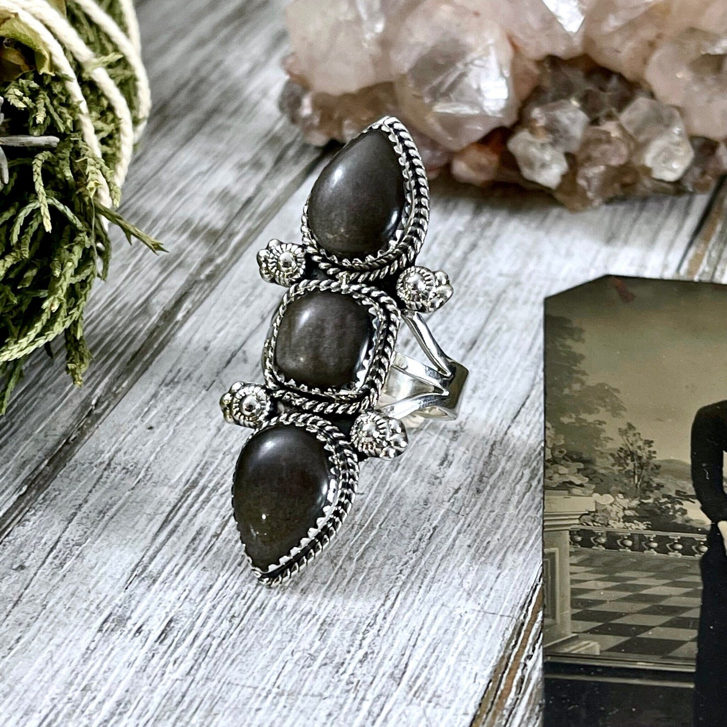 Triple Stone Silver Sheen Obsidian Ring in Solid Sterling Silver- Designed by FOXLARK Collection Size 5 6 7 8 9 10 11