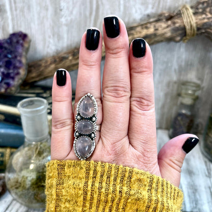 Three Stone Pink Rose Quartz Crystal Ring in Solid Sterling Silver- Designed by FOXLARK Collection Adjustable to Size 6 7 8 9.