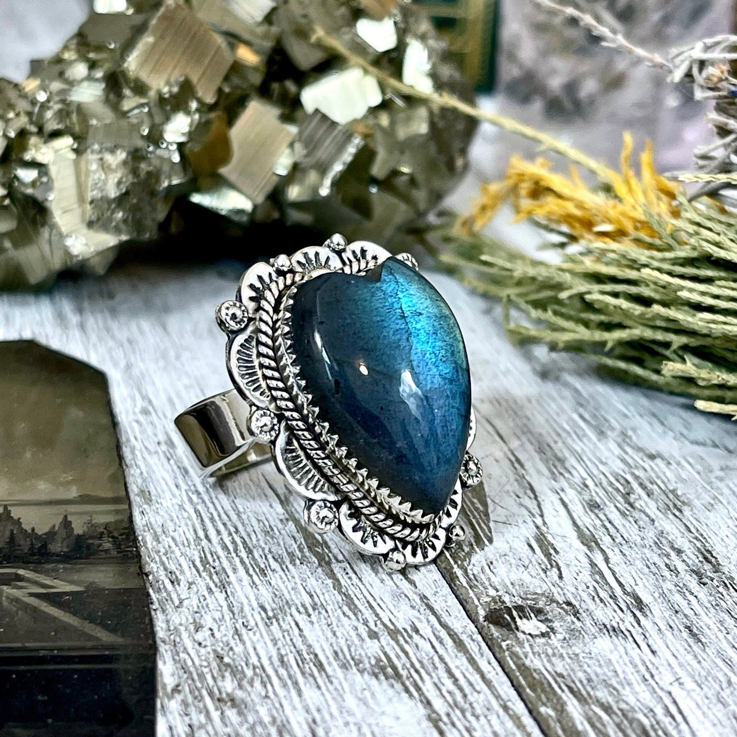 Labradorite Heart Crystal Statement Ring in Sterling Silver 925 - Adjustable - Designed by FOXLARK Collection Adjusts to Size 6,7,8,9, or 10