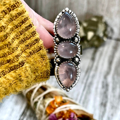 Three Stone Pink Rose Quartz Crystal Ring in Solid Sterling Silver- Designed by FOXLARK Collection Adjustable to Size 6 7 8 9.