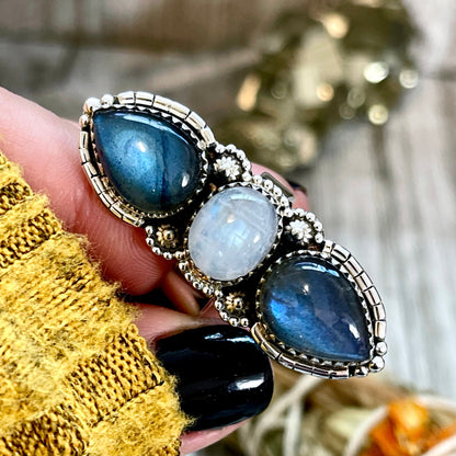 Three Stone Labradorite and Rainbow Moonstone Crystal Ring in Sterling Silver- Designed by FOXLARK Collection Adjustable to Size 6 7 8 9.