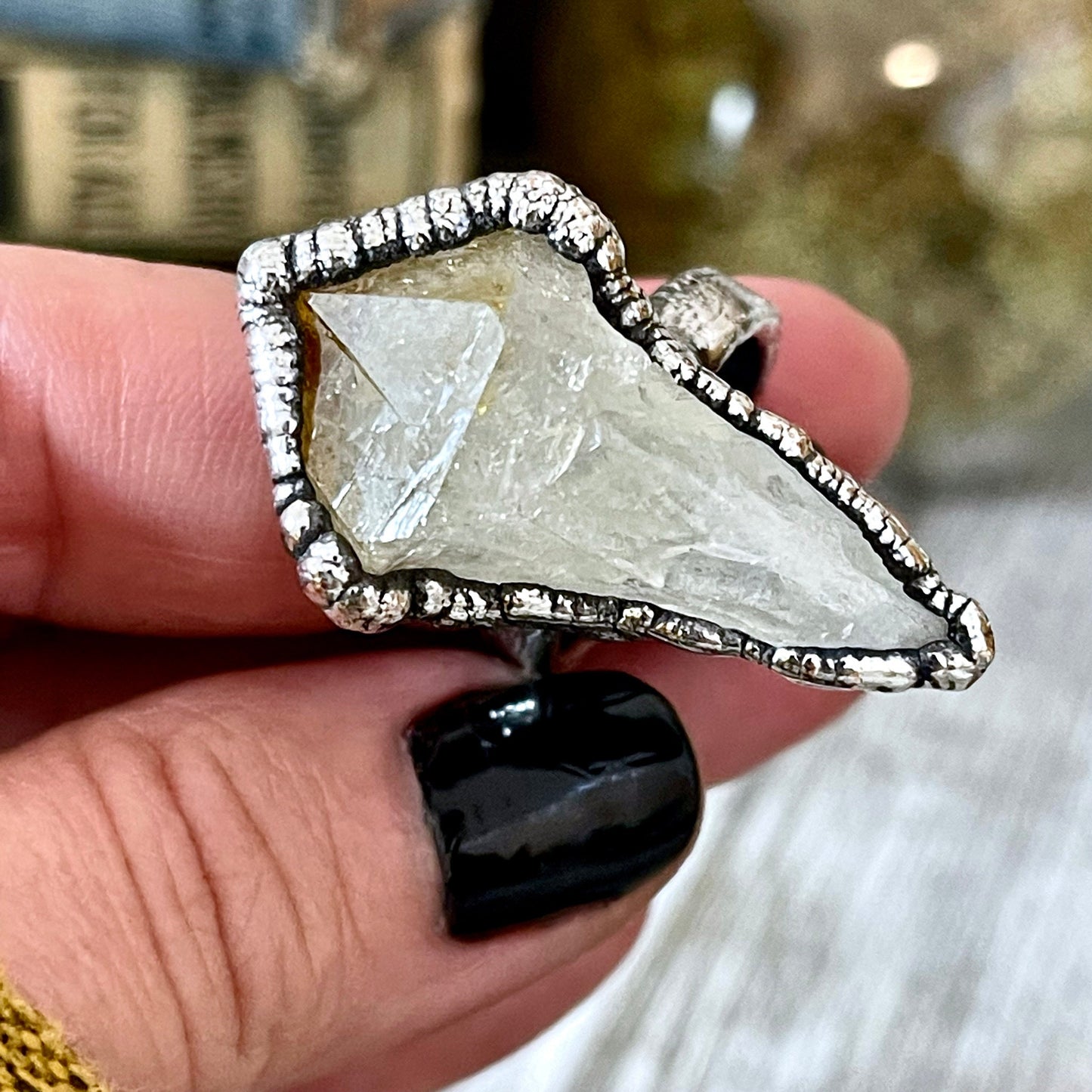 Size 8 Raw Citrine Point Ring Set in Fine Silver / Yellow Crystal Jewelry / Crystal Statement Ring