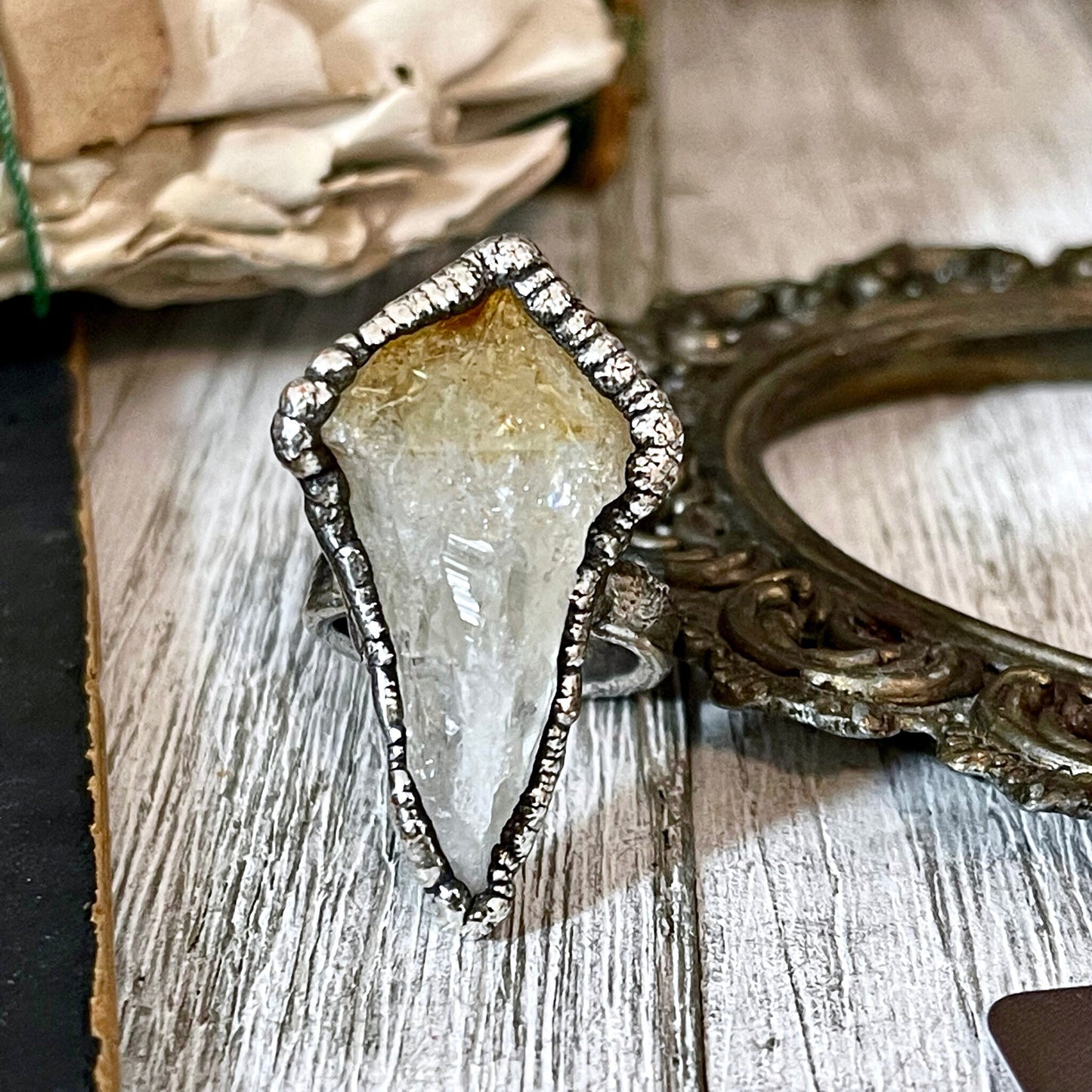 Size 8 Raw Citrine Point Ring Set in Fine Silver / Yellow Crystal Jewelry / Crystal Statement Ring