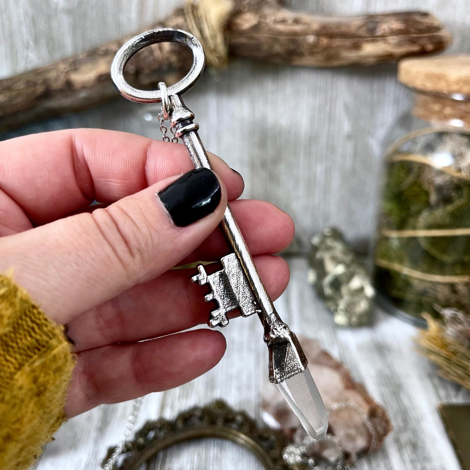 Raw Clear Quartz Crystal Vintage Skeleton Key Necklace Pendant in Fine Silver / Foxlark Collection - One of a Kind