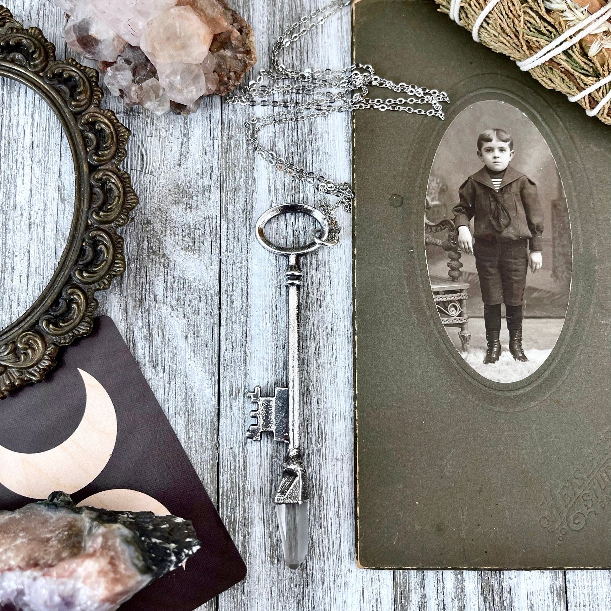 antique key necklace, Crystal Necklaces, Etsy ID: 1352918214, FOXLARK- NECKLACES, Gothic Jewelry, Jewelry, Necklaces, Raw Amethyst Jewelry, raw crystal jewelry, Raw crystal necklace, Raw Crystal Pendant, Raw Stone Jewelry, Skeleton Key, Steampunk Jewelry,