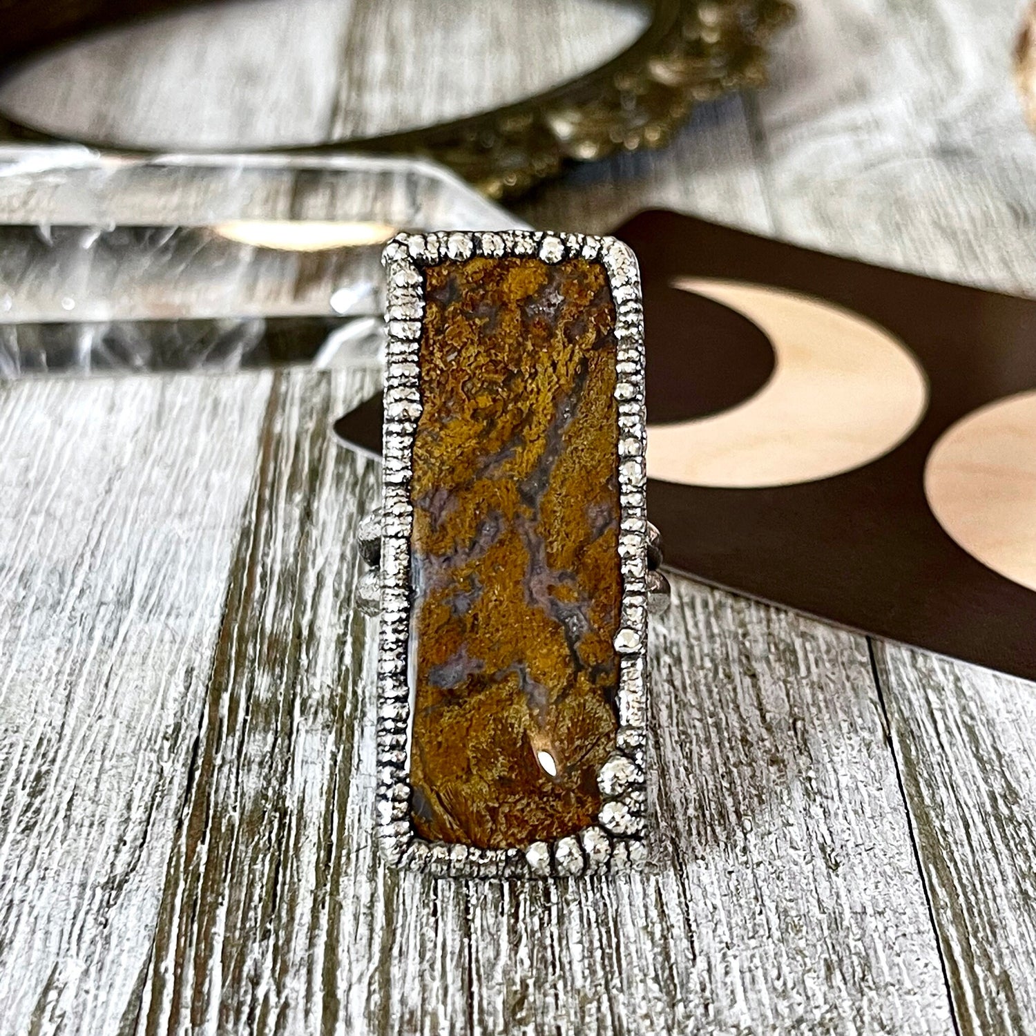 Big Size 8 Silver Natural Fancy Moss Agate Crystal Statement Ring / Foxlark Collection - One of a Kind
