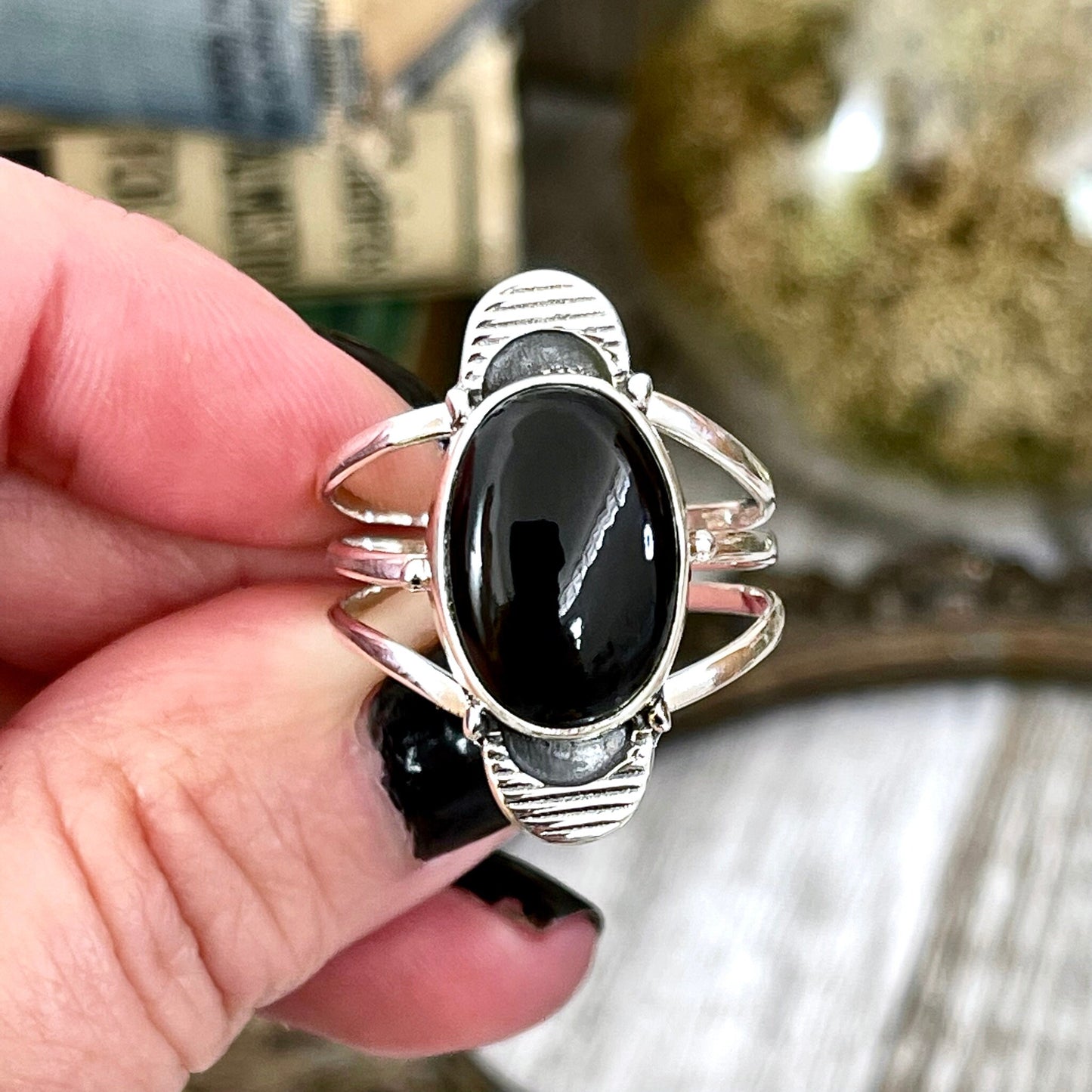 Black Onyx Double Moon Crystal Ring in Solid Sterling Silver- Designed by FOXLARK Collection Size 6 7 8 9 10 11