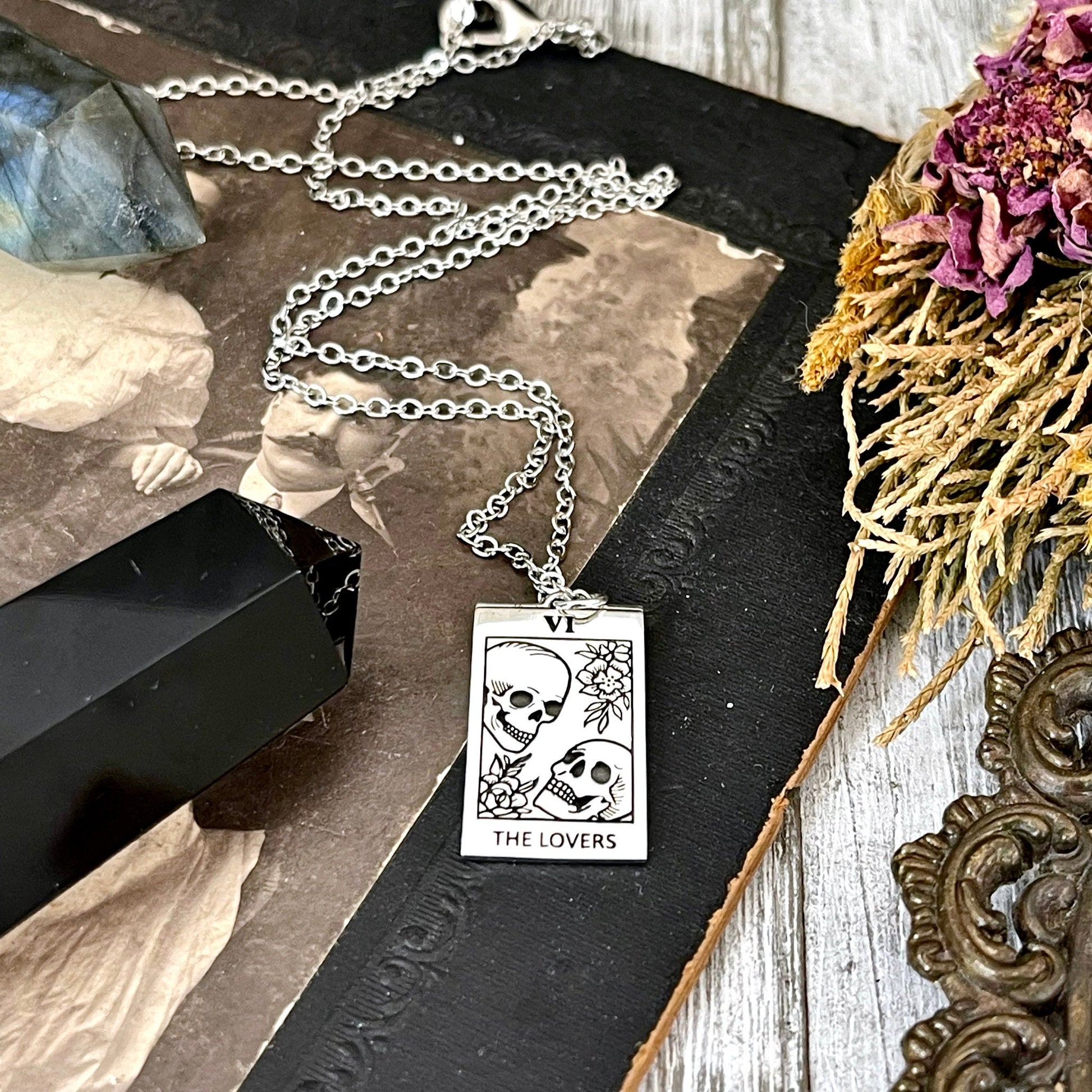 925 Sterling Silver, Etsy ID: 1403597695, Foxlark Alchemy, Gift for Woman, Gothic Jewelry, Jewelry, Necklace Pendant, Necklaces, Pendants, Skull Necklace, Skull Necklace Charm, Talisman Necklace, Tarot Card Necklace, The Lovers, TINY TALISMANS, Witch Jewe