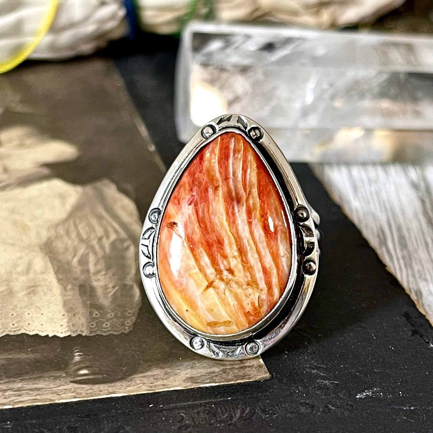 Size 9 Stunning Spiny Oyster Statement Ring Set in Sterling Silver / Curated by FOXLARK Collection - Foxlark Crystal Jewelry