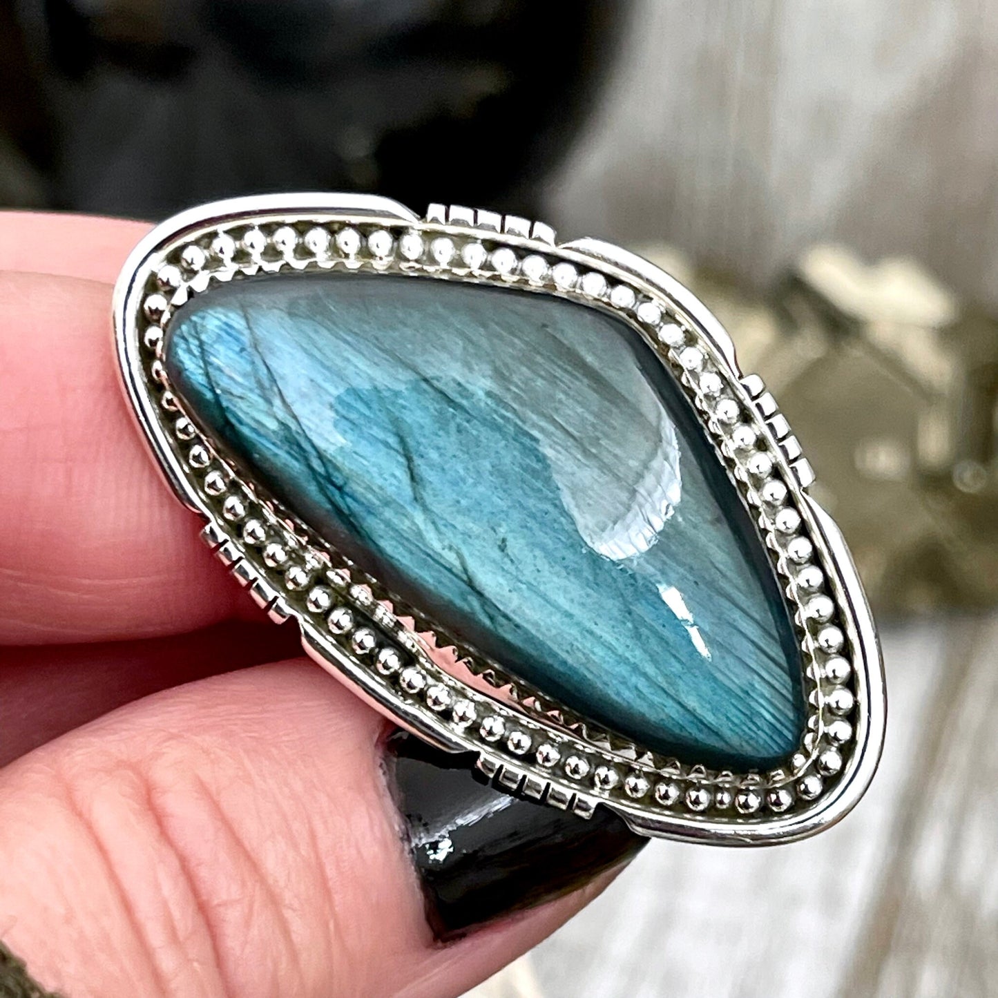 Big Labradorite Crystal Statement Ring in Sterling Silver - Designed by FOXLARK Collection Adjusts to size 6,7,8,9, or 10 | Blue Stone