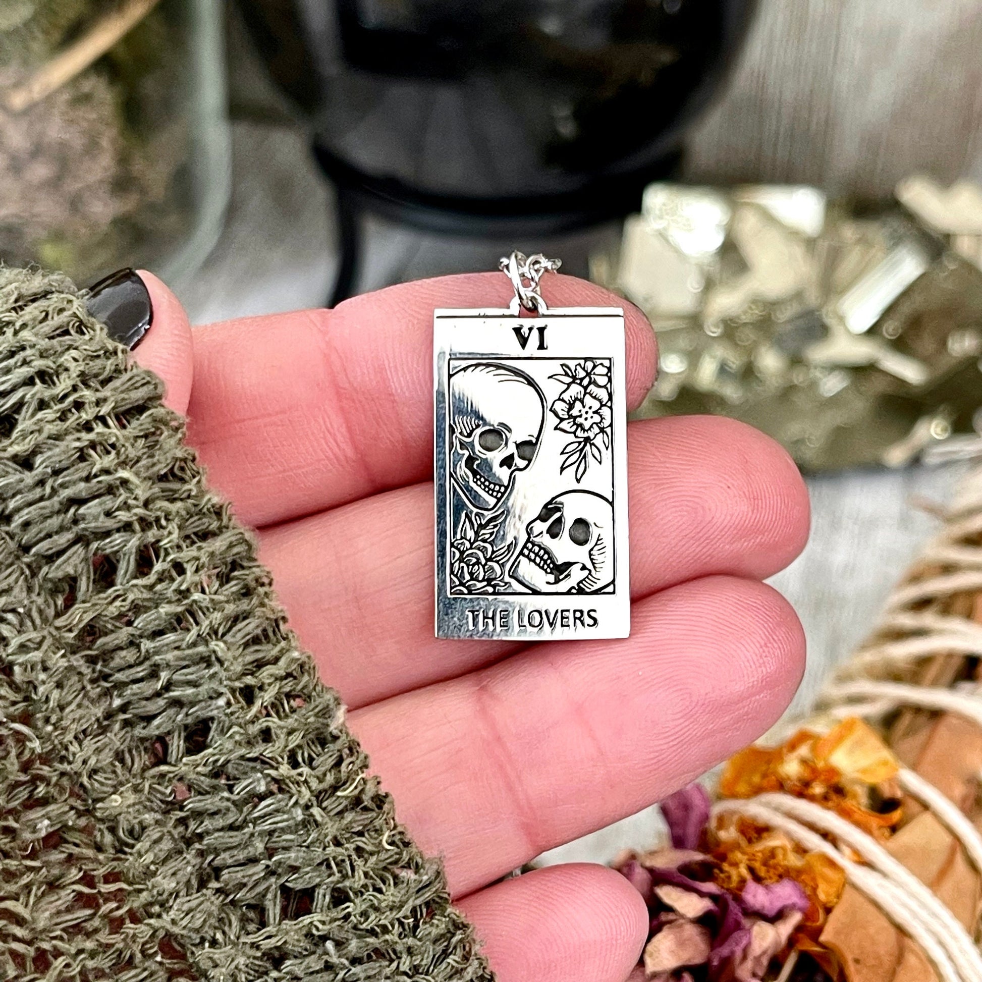 925 Sterling Silver, Etsy ID: 1403597695, Foxlark Alchemy, Gift for Woman, Gothic Jewelry, Jewelry, Necklace Pendant, Necklaces, Pendants, Skull Necklace, Skull Necklace Charm, Talisman Necklace, Tarot Card Necklace, The Lovers, TINY TALISMANS, Witch Jewe