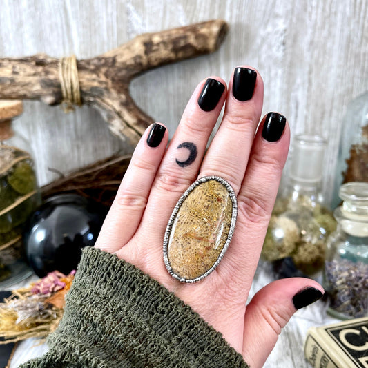 Size 9.5 Fossilized Coral Silver Statement Ring in Fine Silver / Foxlark Collection - One of a Kind - Foxlark Crystal Jewelry