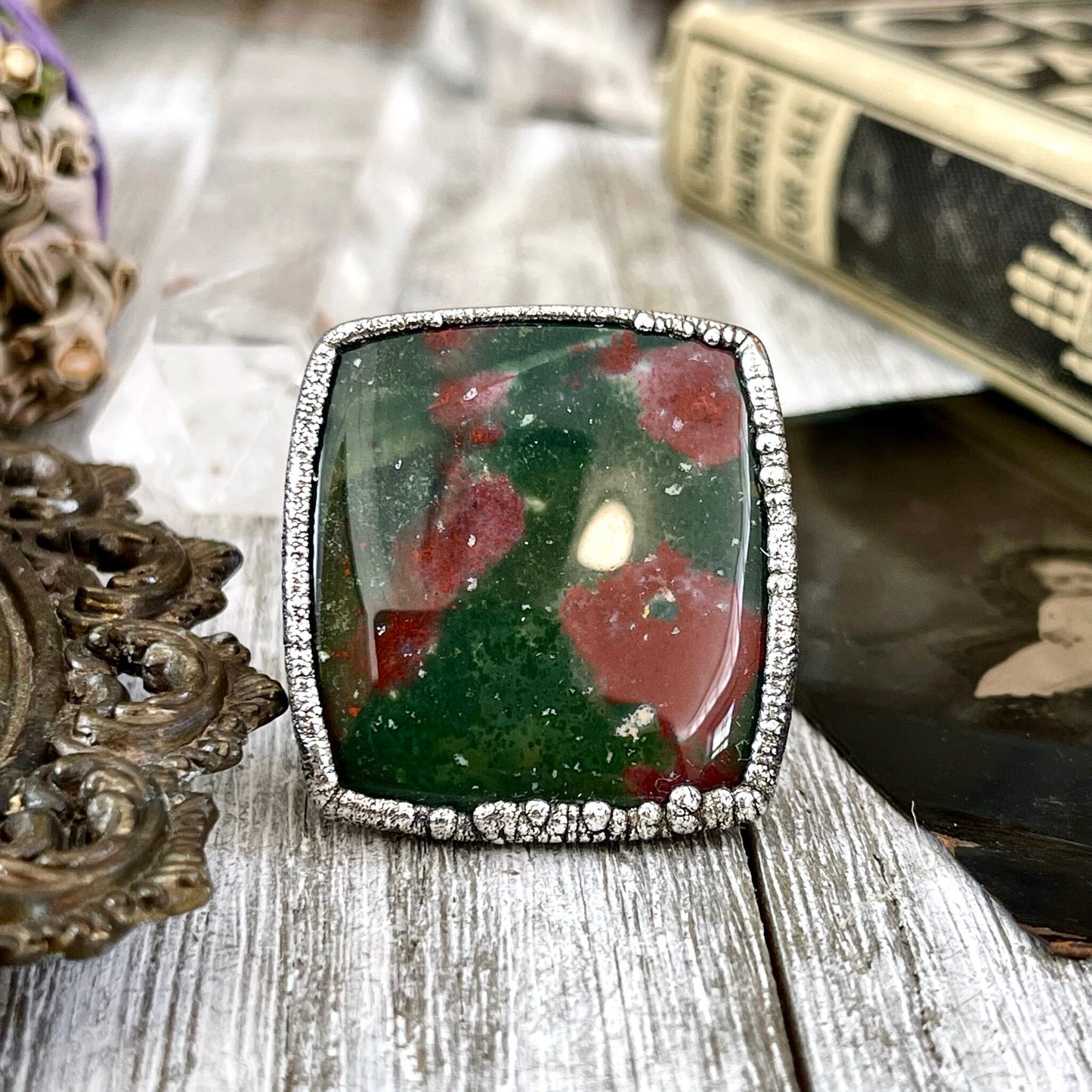 Big Size 11 Natural Bloodstone Statement Ring In Fine Silver / Foxlark Collection - One of a Kind