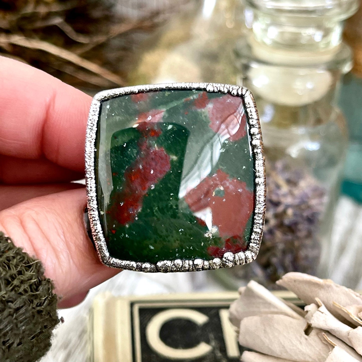 Big Size 11 Natural Bloodstone Statement Ring In Fine Silver / Foxlark Collection - One of a Kind