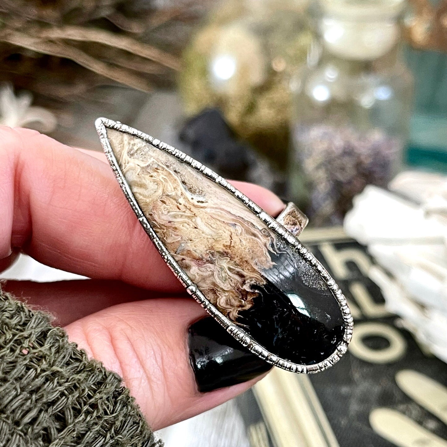 Big Bold Jewelry, Big Crystal Ring, Big Silver Ring, Big Stone Ring, Etsy ID: 1400312890, Fossilized Palm Root, FOXLARK- RINGS, Jewelry, Large Boho Ring, Large Crystal Ring, Large Stone Ring, Natural stone ring, Rings, silver crystal ring, Silver Stone Je