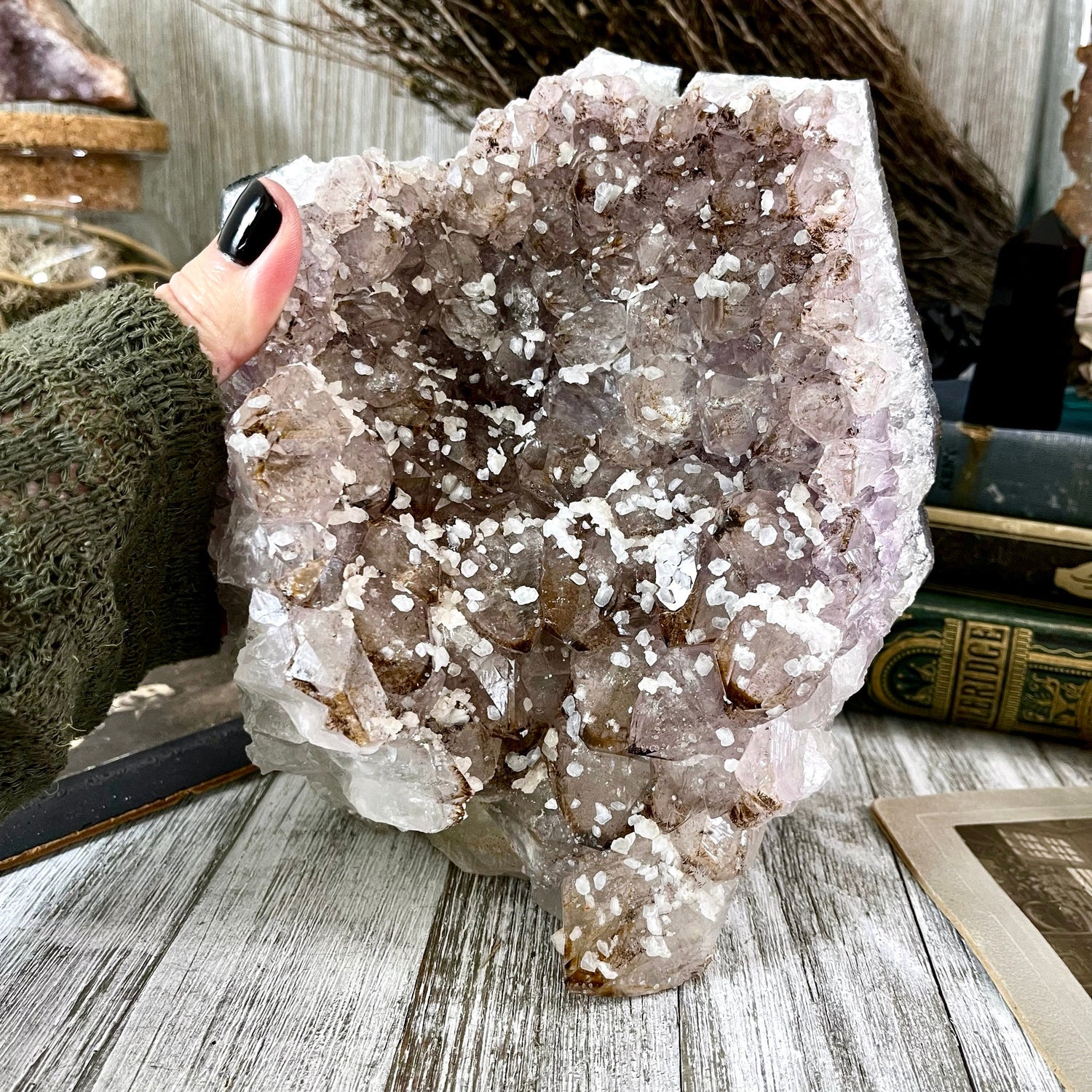 Large Self Standing Druzy Purple Amethyst Geode Crystal Cluster with Calcite / FoxlarkCrystals