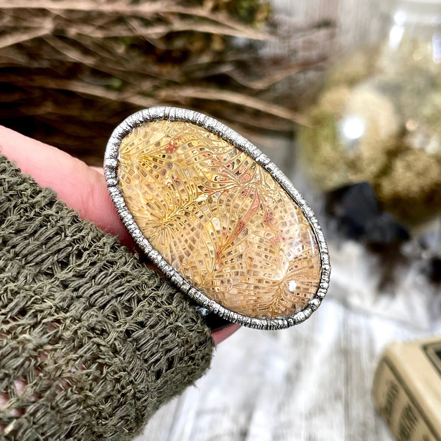Size 9.5 Fossilized Coral Silver Statement Ring in Fine Silver / Foxlark Collection - One of a Kind