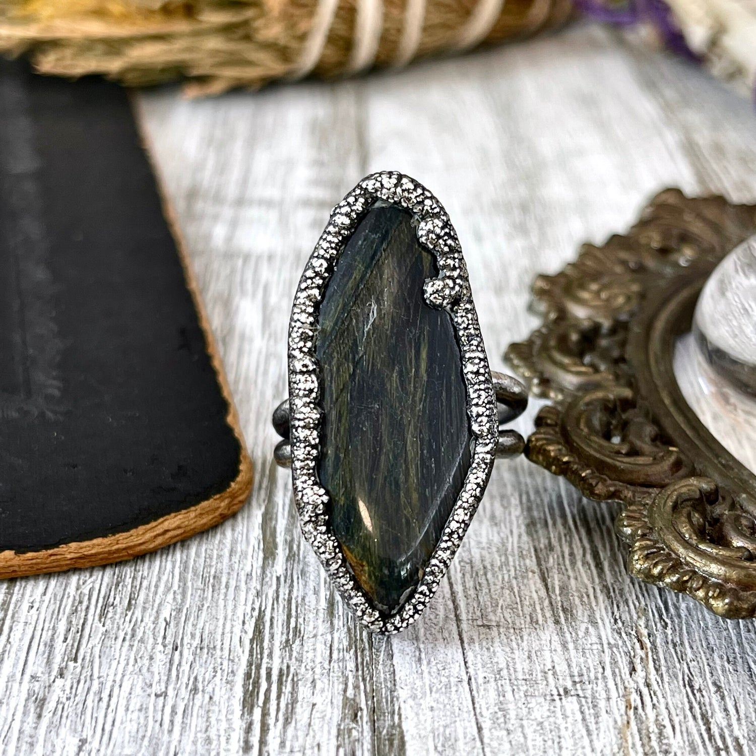 Size 11 Blue Tigers Eye Large Crystal Statement Ring in Fine Silver / Foxlark Collection - One of a Kind