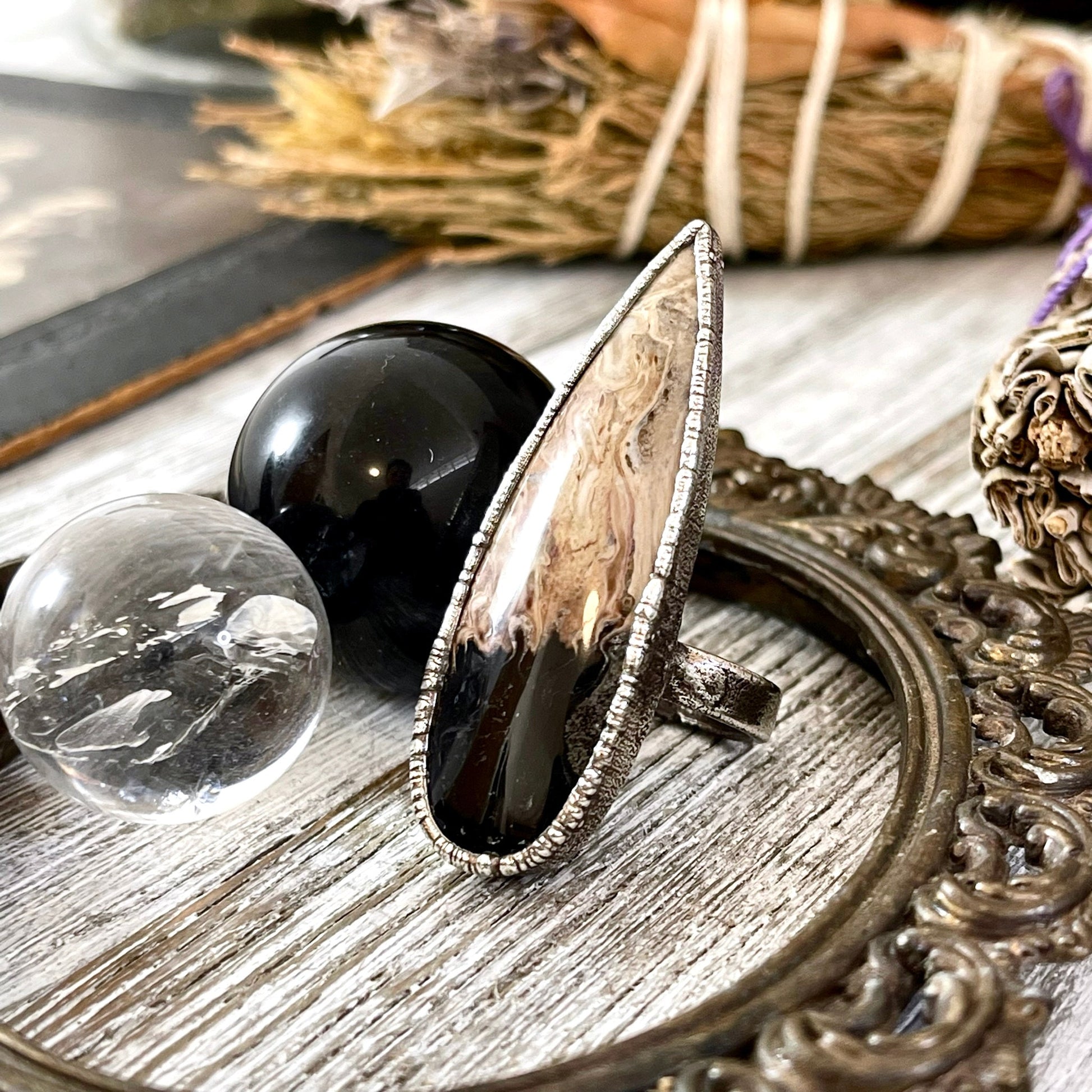 Big Bold Jewelry, Big Crystal Ring, Big Silver Ring, Big Stone Ring, Etsy ID: 1400312890, Fossilized Palm Root, FOXLARK- RINGS, Jewelry, Large Boho Ring, Large Crystal Ring, Large Stone Ring, Natural stone ring, Rings, silver crystal ring, Silver Stone Je