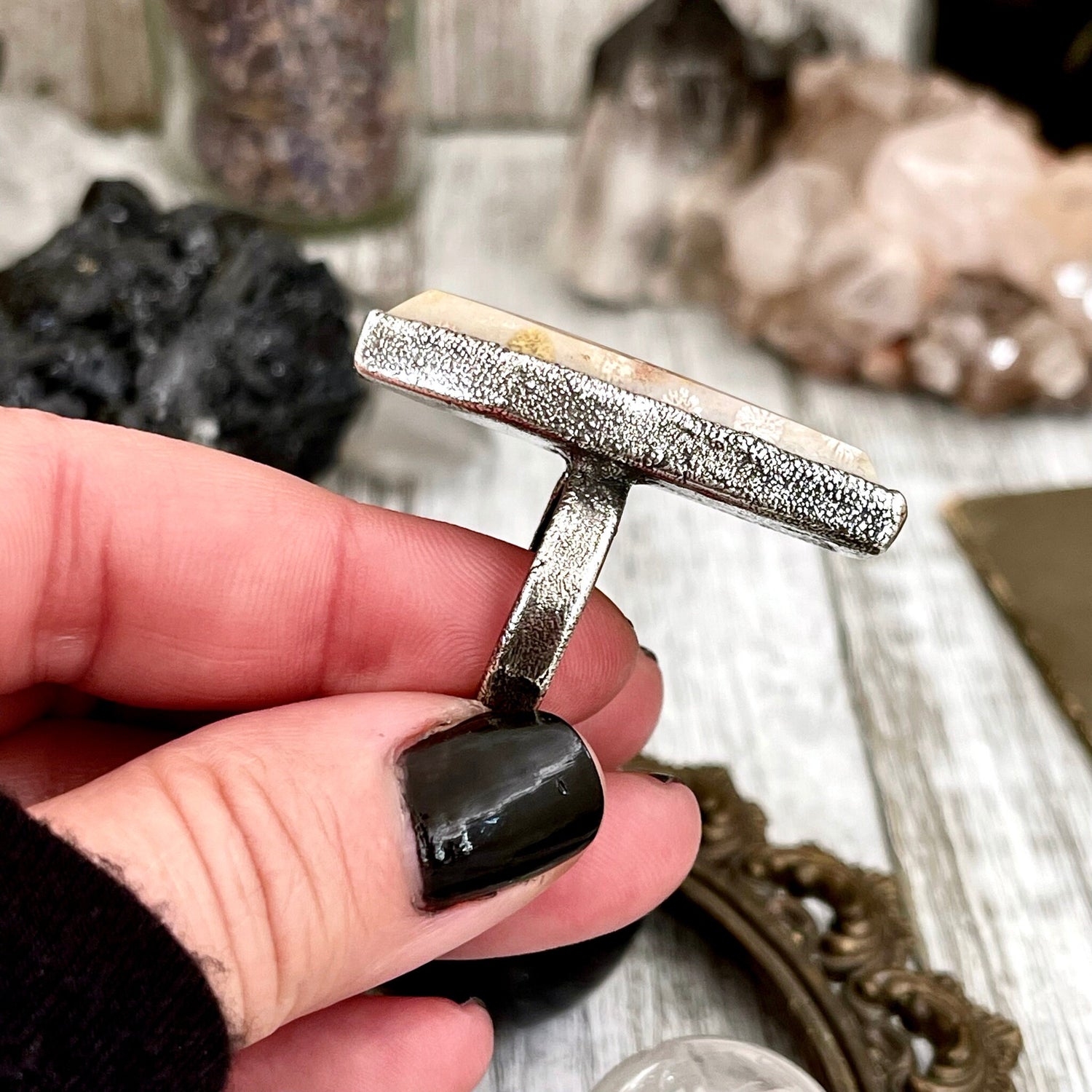 Size 9 Large Fossilized Coral Coffin Statement Ring in Fine Silver / Foxlark Collection - One of a Kind