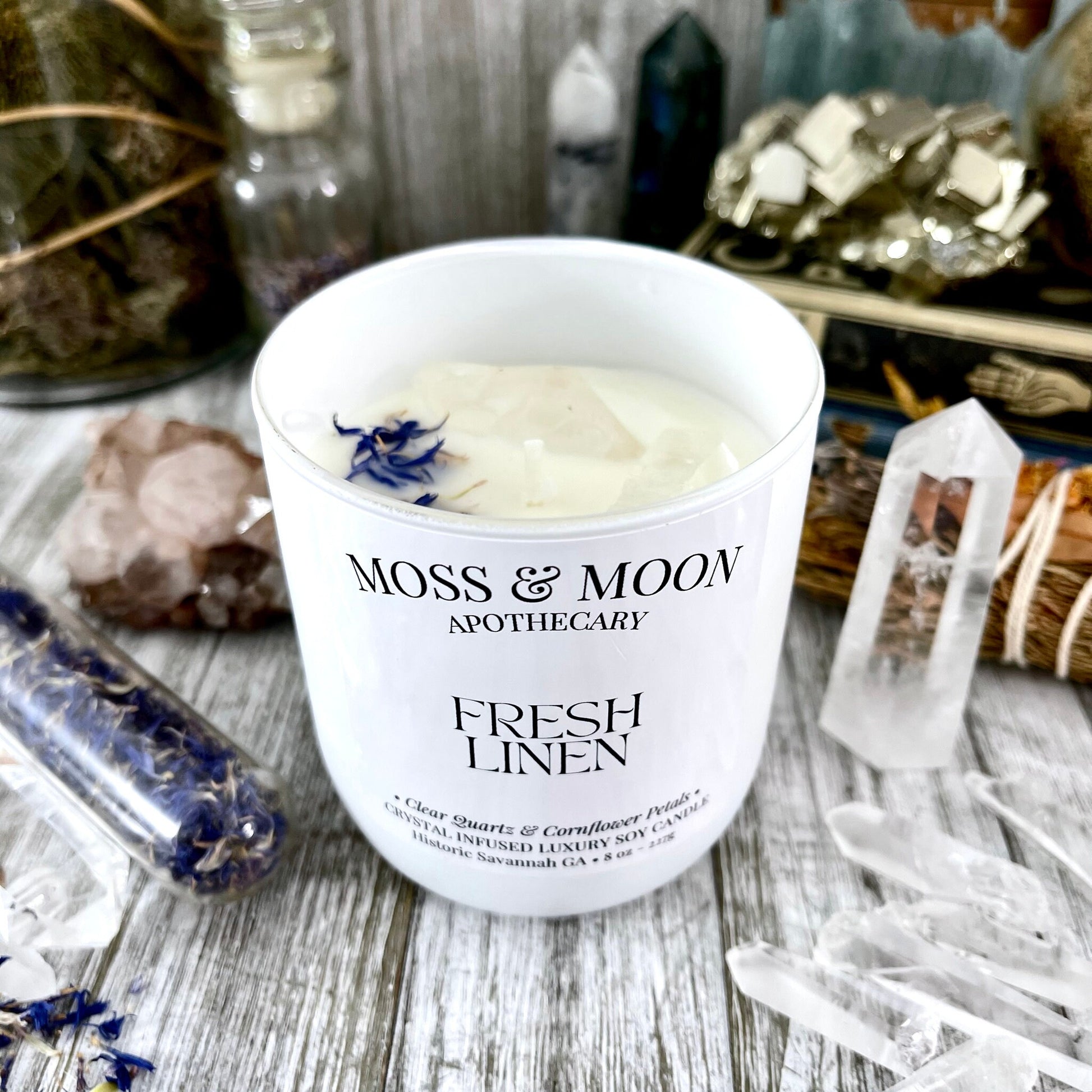 Fresh Linen Candle with Clear Quartz and Cornflower Petals - Moss & Moon Apothecary Luxury Soy Crystal Candle - Foxlark Crystal Jewelry