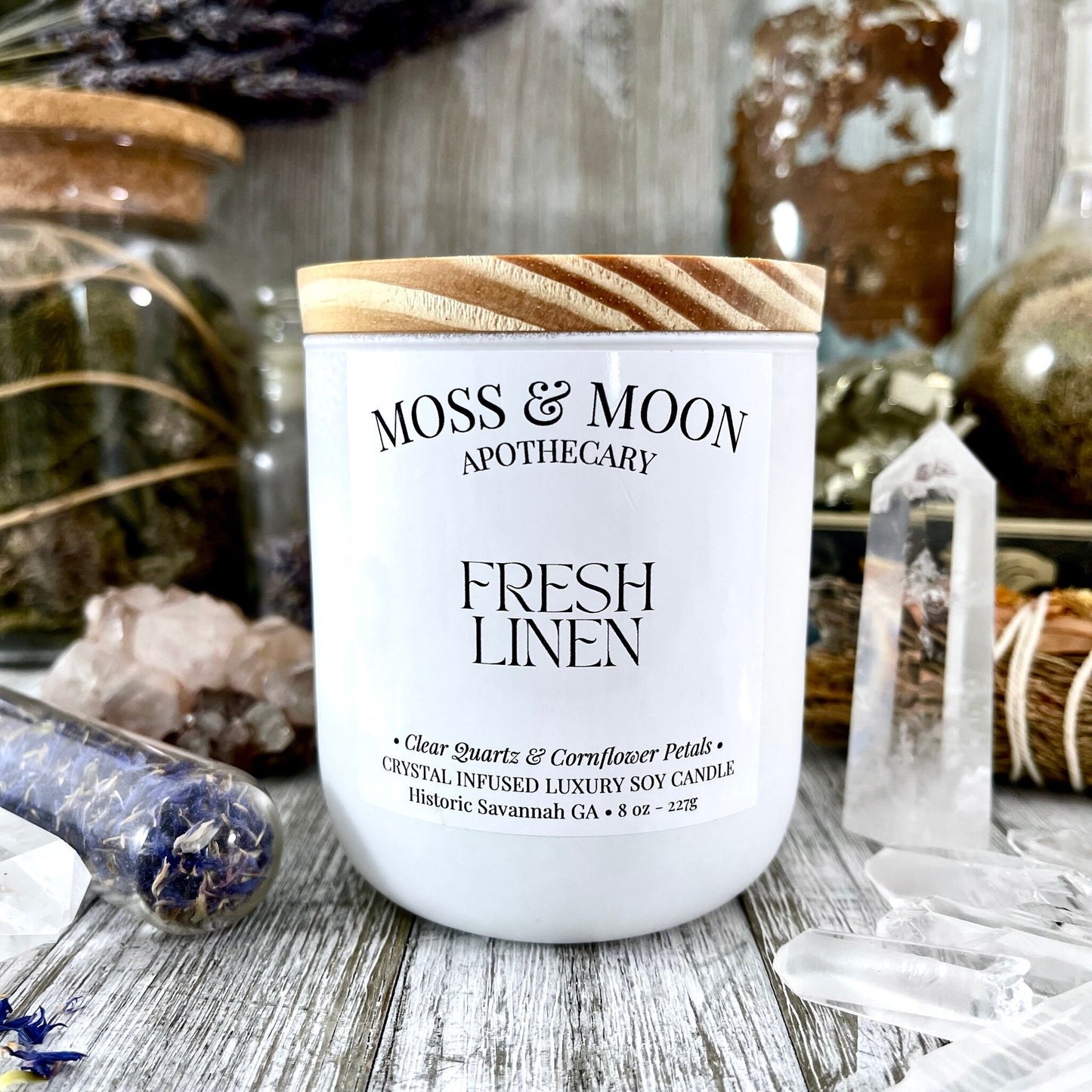 Fresh Linen Candle with Clear Quartz and Cornflower Petals - Moss & Moon Apothecary Luxury Soy Crystal Candle - Foxlark Crystal Jewelry