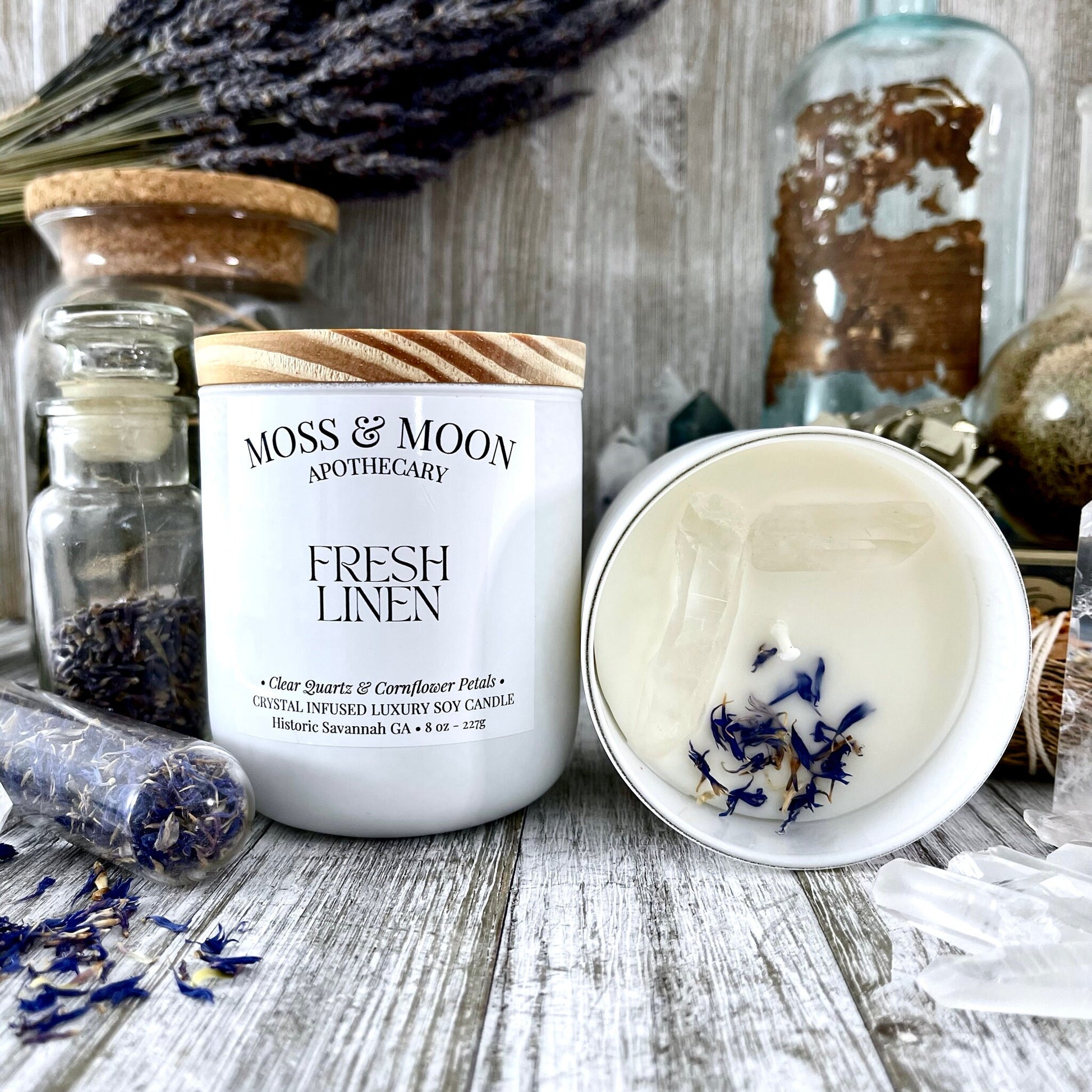 Fresh Linen Candle with Clear Quartz and Cornflower Petals - Moss & Moon Apothecary Luxury Soy Crystal Candle - Foxlark Crystal Jewelry