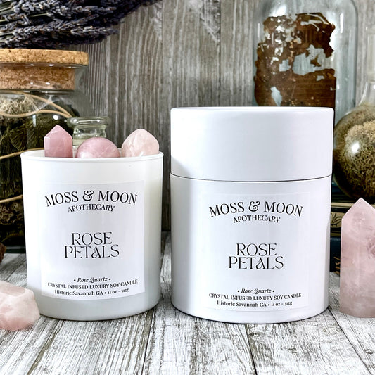 Rose Petals Candle with Rose Quartz - Moss & Moon Apothecary Luxury Soy Crystal Candle / - Foxlark Crystal Jewelry