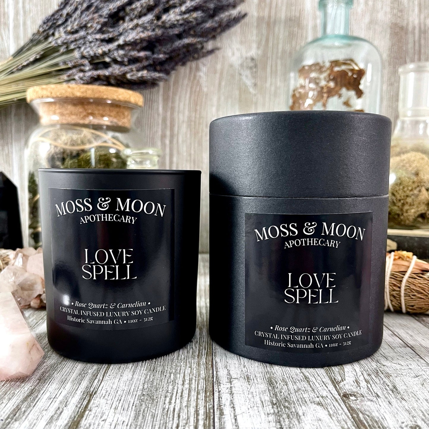 Love Spell Candle with Rose Quartz and Carnelian - Moss & Moon Apothecary Crystal Infused Luxury Soy Candle