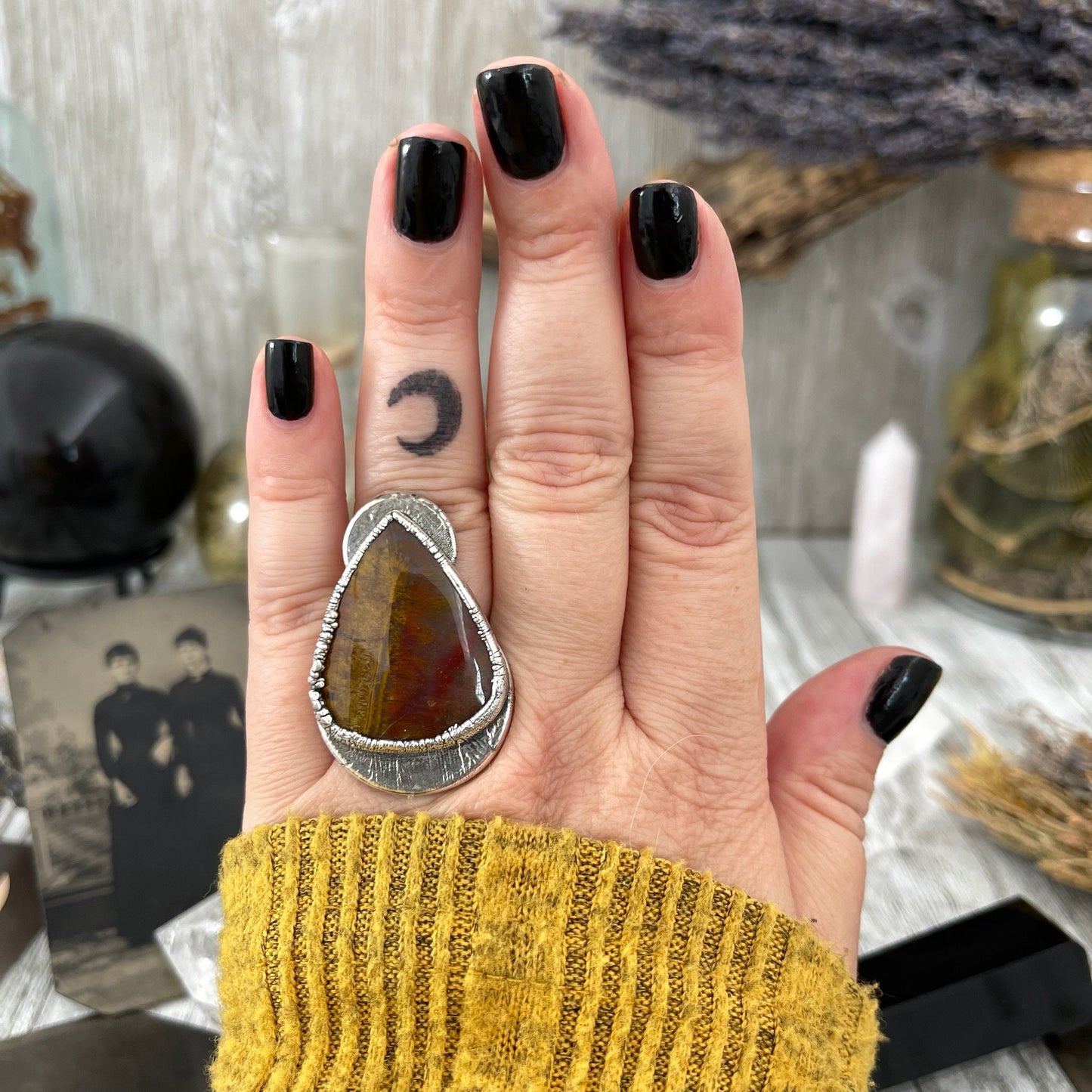 Size 7 Silver Natural Fancy Moss Agate Crystal Statement Ring / Foxlark Collection - One of a Kind